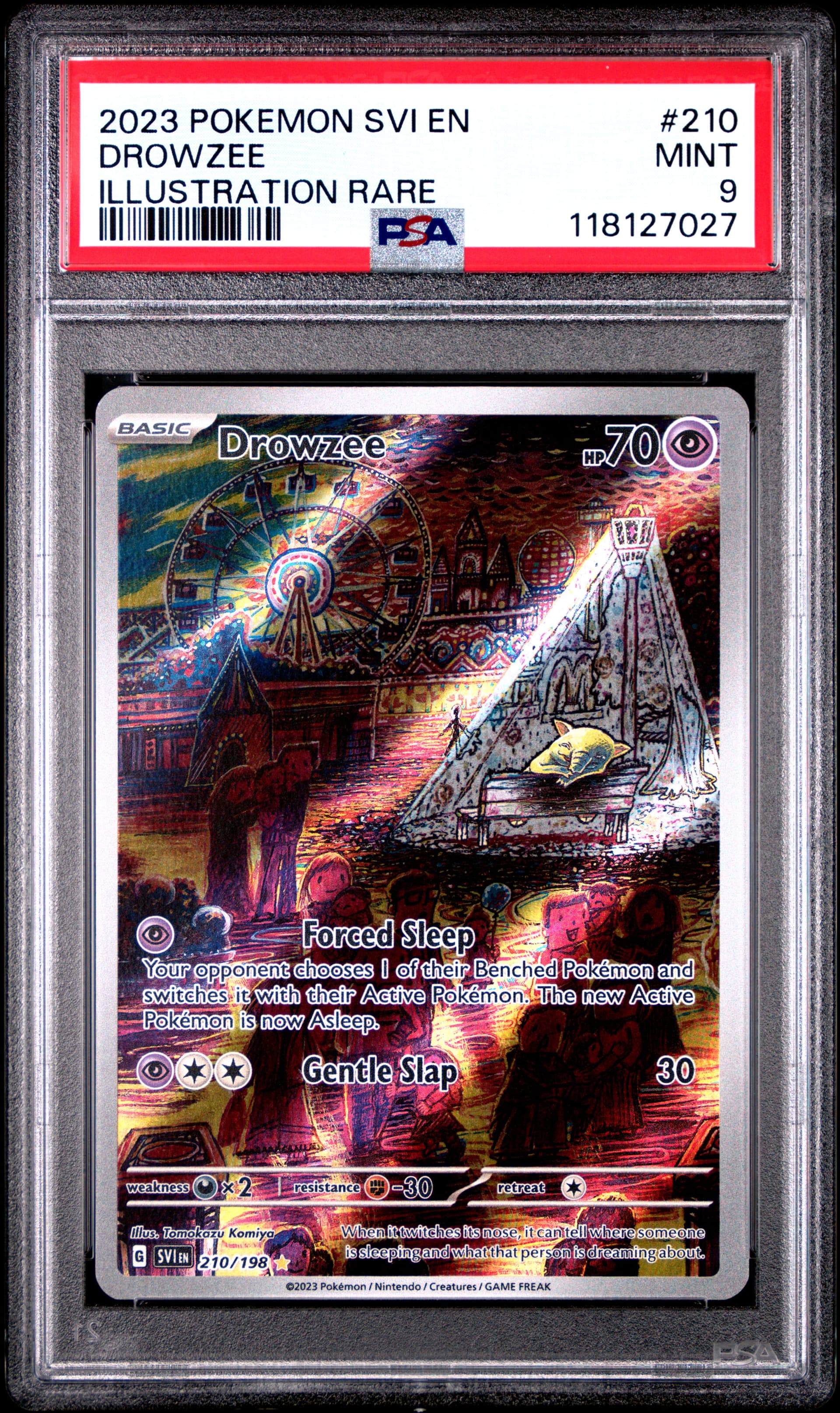full art drowzee pokemon card - 210/198 - Scarlet & Violet - Illustrator Rare RarityClassic Collection Hit Points70 HP Psychic Psychic Boom (10x) This attack does 10 damage times the amount of Energy attached to your opponents Active Pokemon. 2023 Pokemon Svi EN-Scarlet &