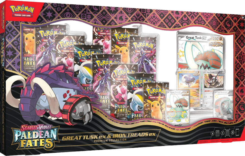 Paldean Fates Great Tusk ex & Iron Treads ex Premium Collection - SV: Paldean Fates