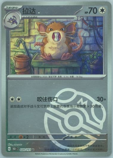 Raticate Master Ball Reverse Holo (020) 2025 Pokemon Simplified Chinese 151 C-Collection 151