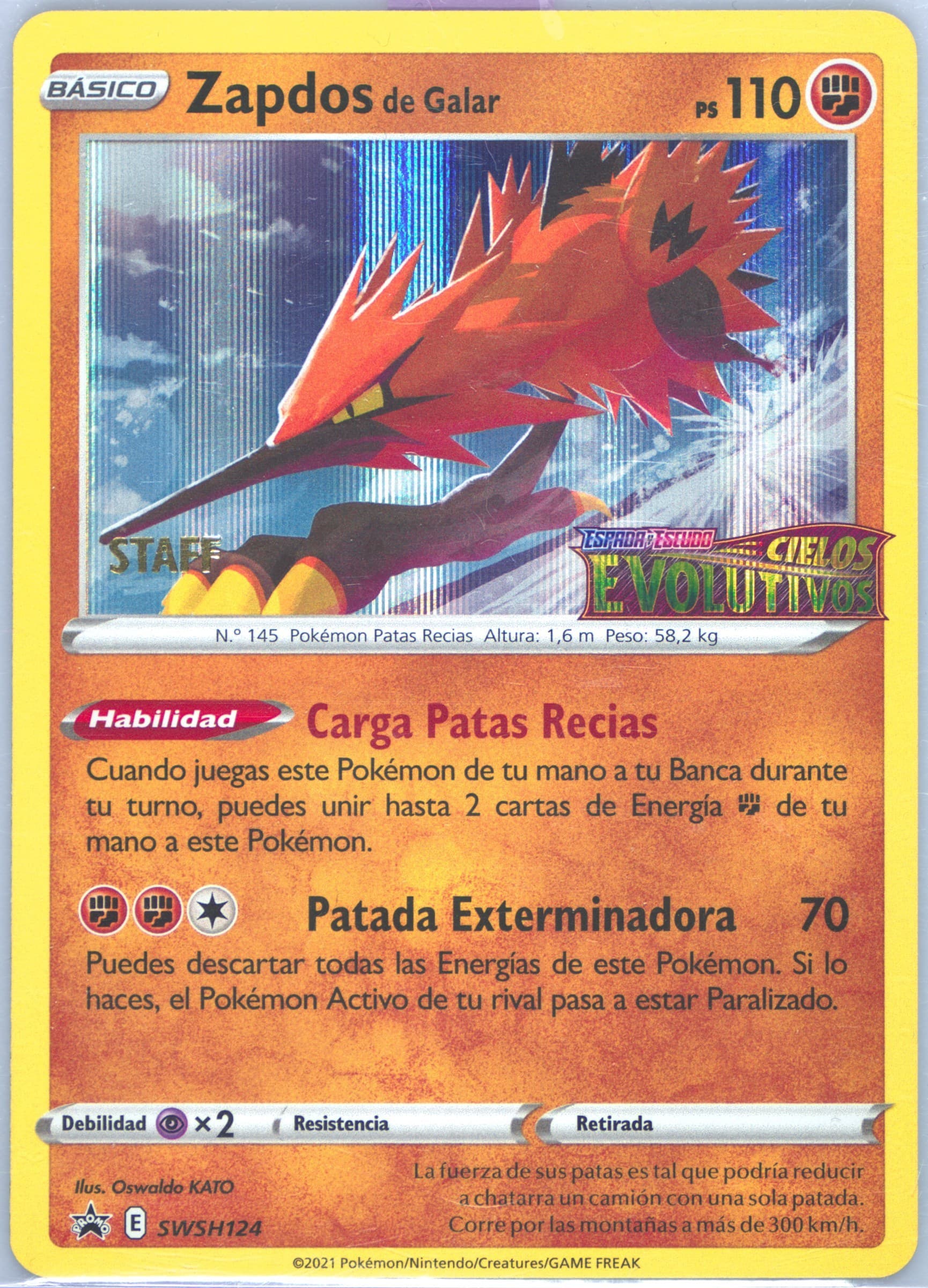 Galarian Zapdos-Holo Prerelease-Staff-Spanish (124) 2021 Pokemon Swsh Black Star Promo