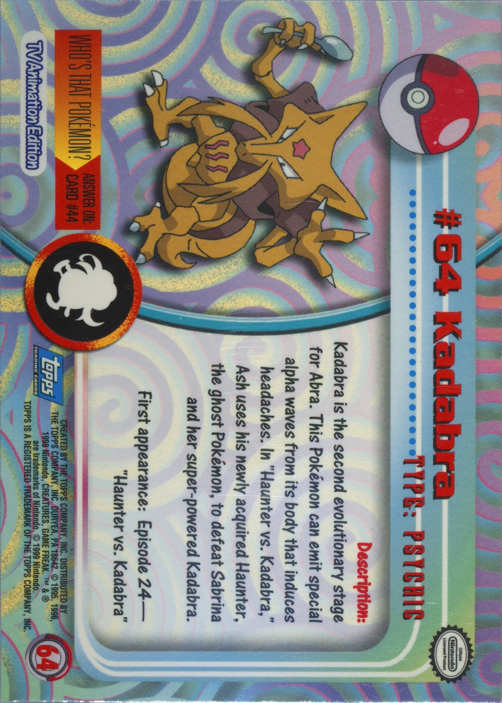 Kadabra Foil (64) 1999 Topps Pokemon TV