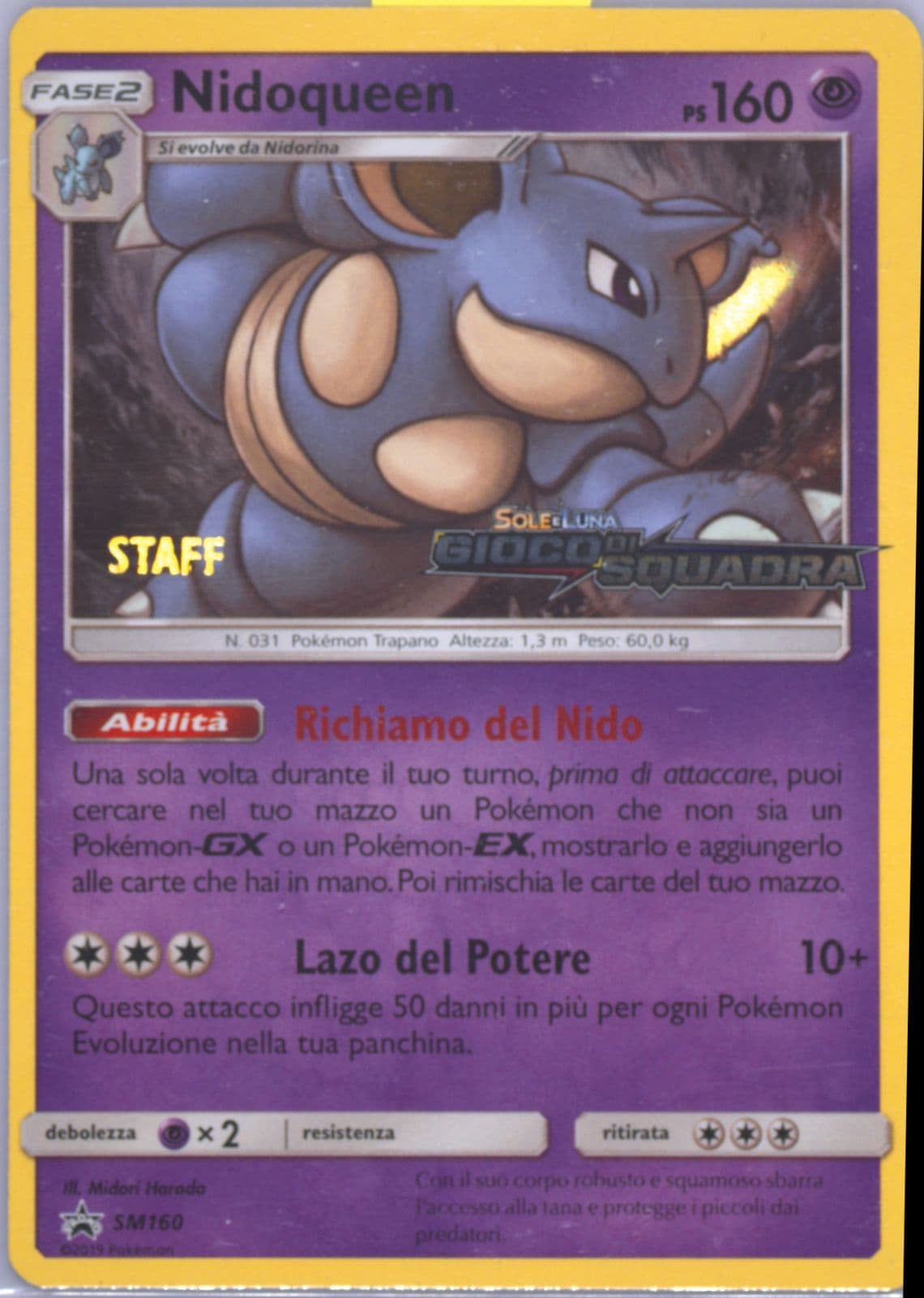 Nidoqueen-Holo Team Up Prerelease-Staff-Italian (SM160) 2019 Pokemon SM Black Star Promo