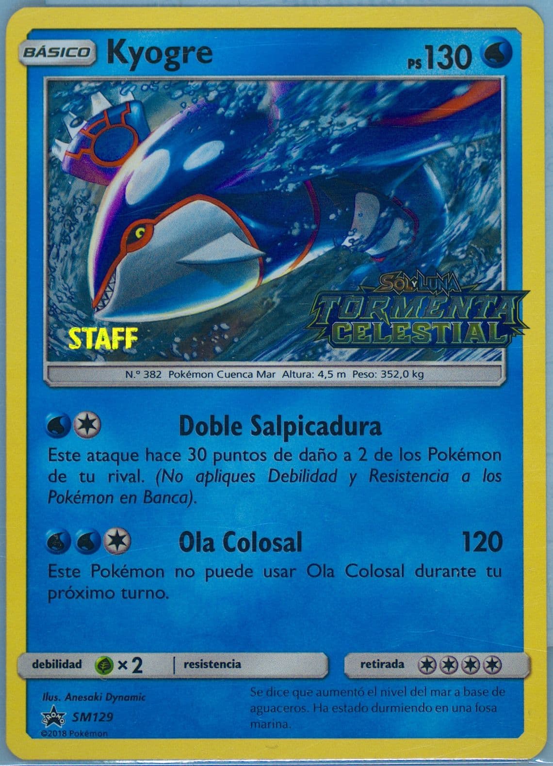 Kyogre-Holo Celestial Storm Prerelease-Staff-Spanish (SM129) 2018 Pokemon SM Black Star Promo
