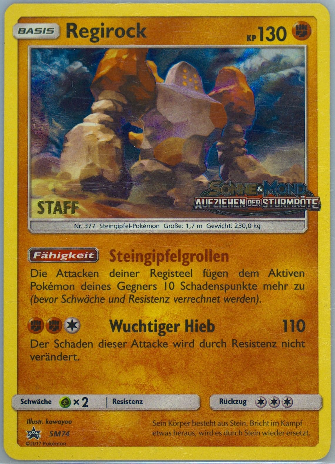 Regirock-Holo Crimson Invasion-Prerelease-Staff-German (SM74) 2017 Pokemon SM Black Star Promo