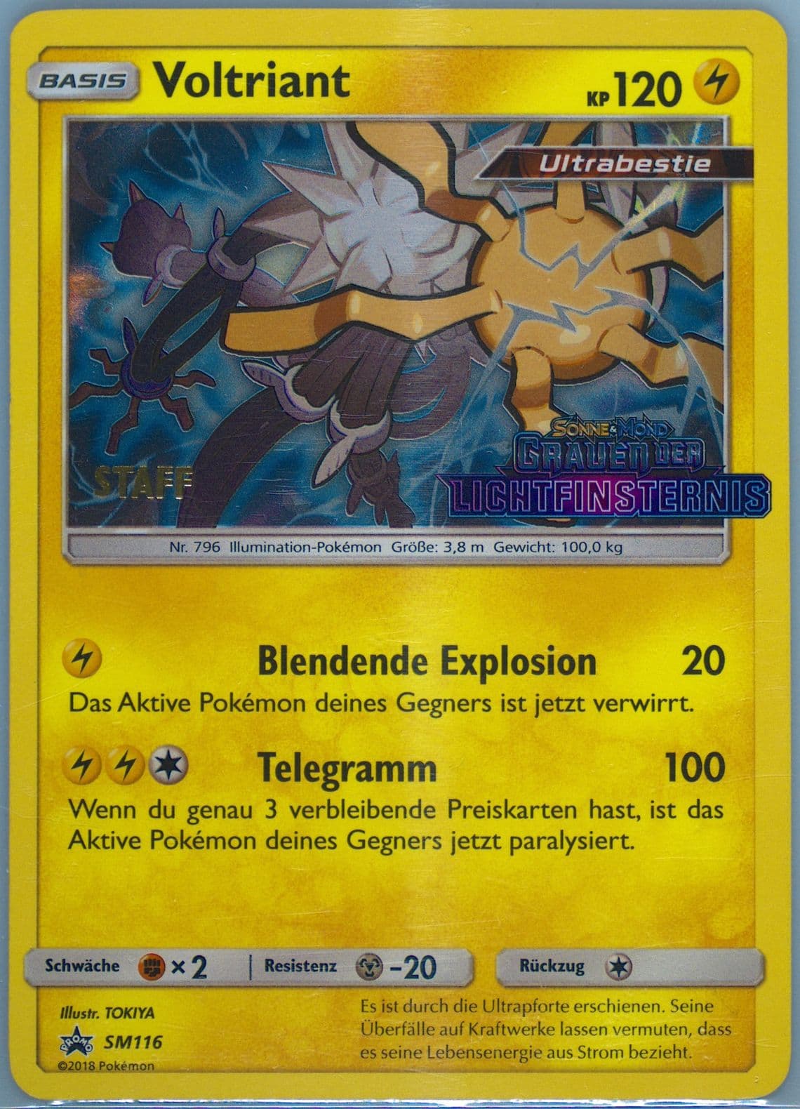 Voltriant-Holo Forbidden Light-Prerelease-Staff-German (SM116) 2018 Pokemon SM Black Star Promo