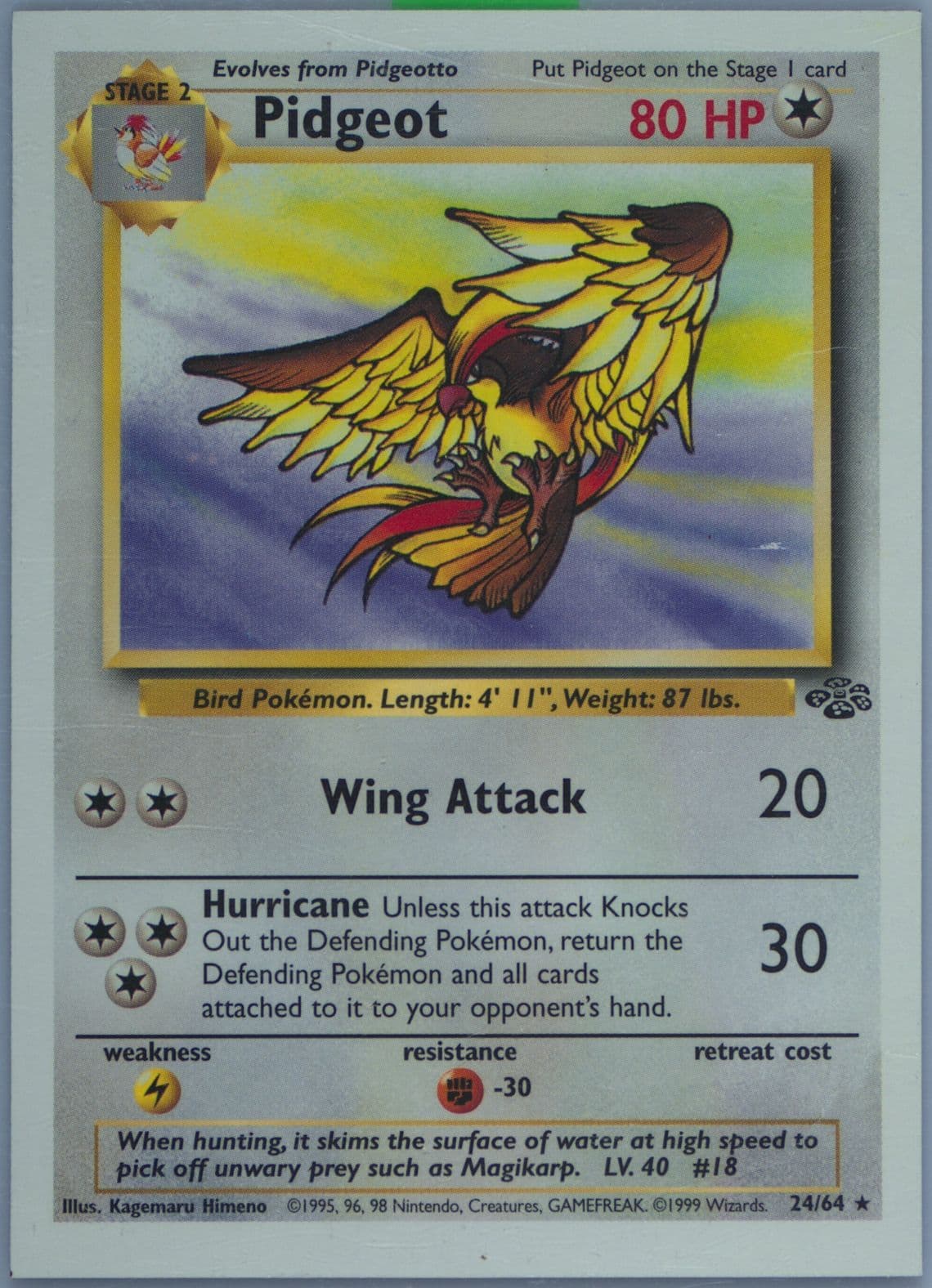 Pidgeot Hand Cut (24) 1999 Pokemon Jungle Test Proof