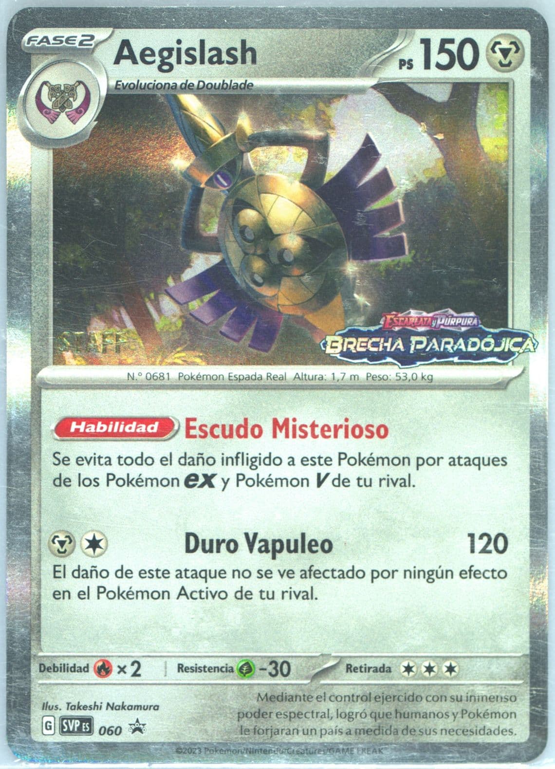 Aegislash Paradox Rift Prerelease-Staff (060) 2023 Pokemon Spanish Svp ES-SV Black Star Promo
