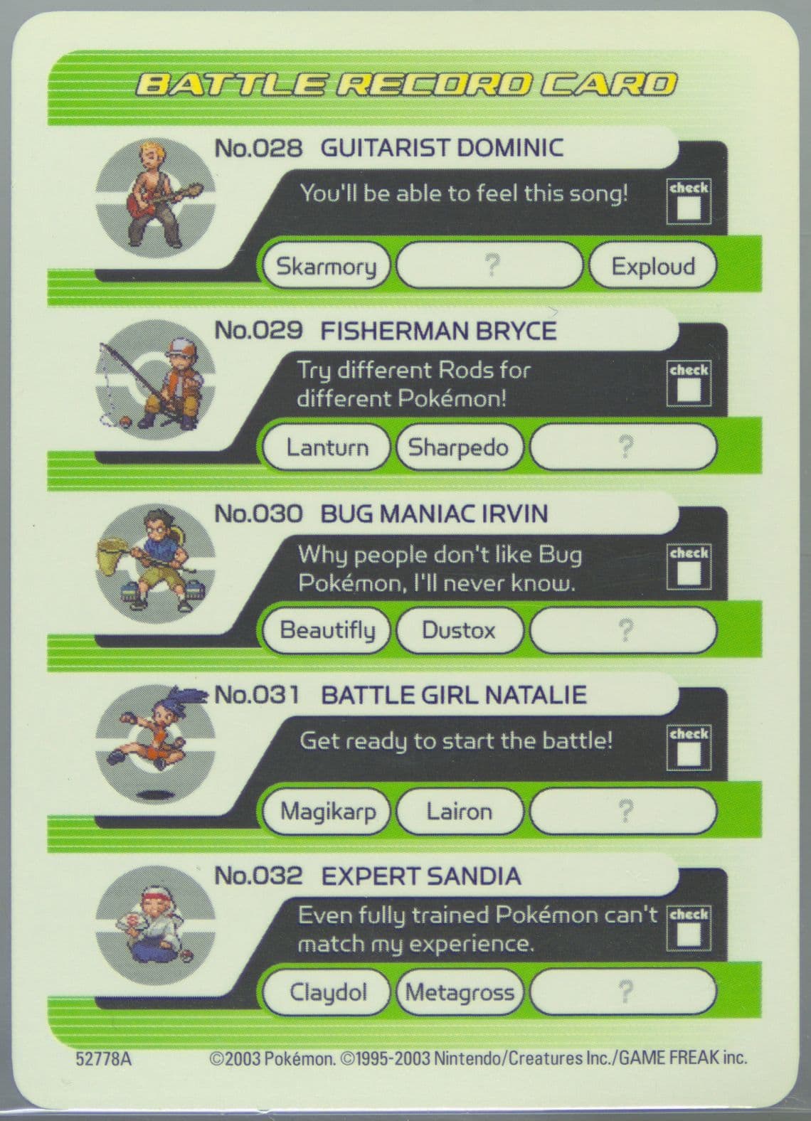 Battle Record Card Iron Defense 2003 Pokemon Battle-E Series 1