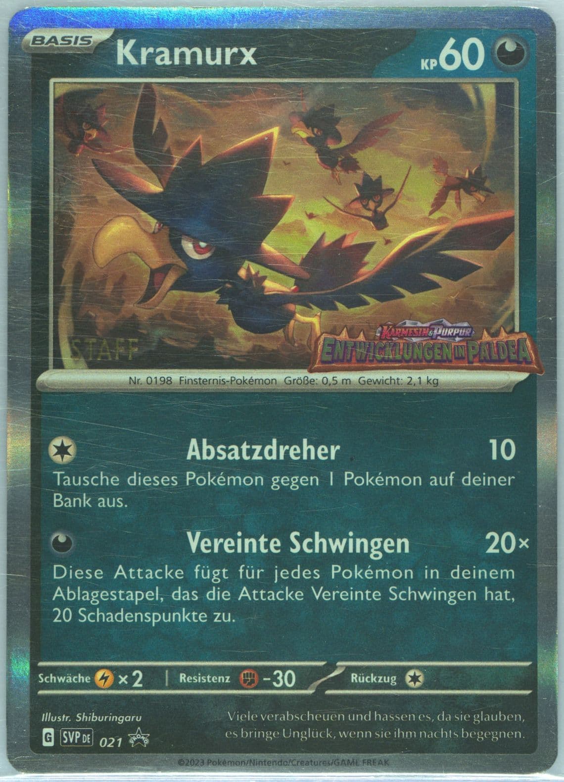 Murkrow Paldea Evolved Prerelease-Staff (021) 2023 Pokemon German Svp de-SV Black Star Promo
