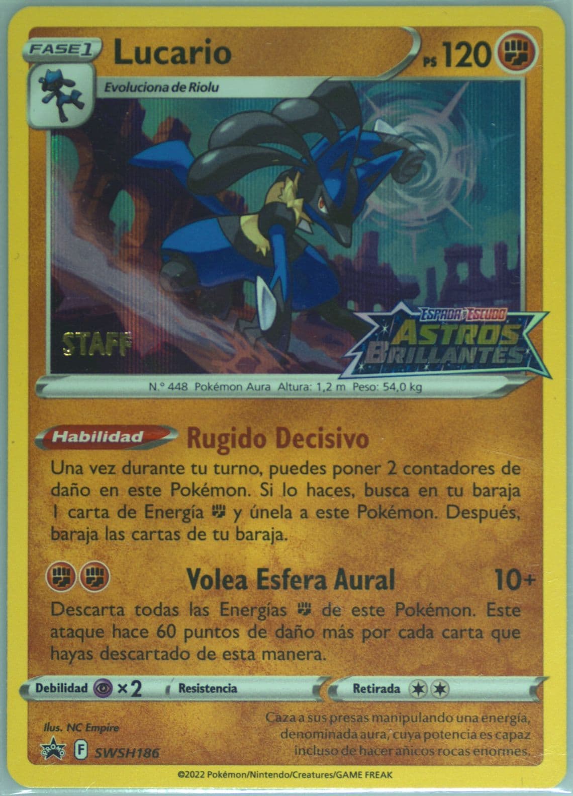Lucario-Holo Prerelease-Staff-Spanish (186) 2023 Pokemon Swsh Black Star Promo