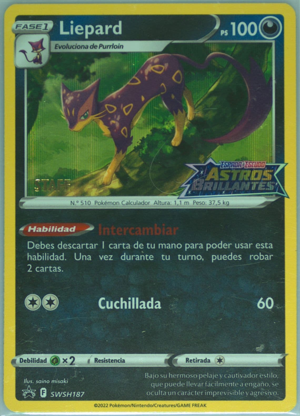 Liepard-Holo Prerelease-Staff-Spanish (187) 2023 Pokemon Swsh Black Star Promo