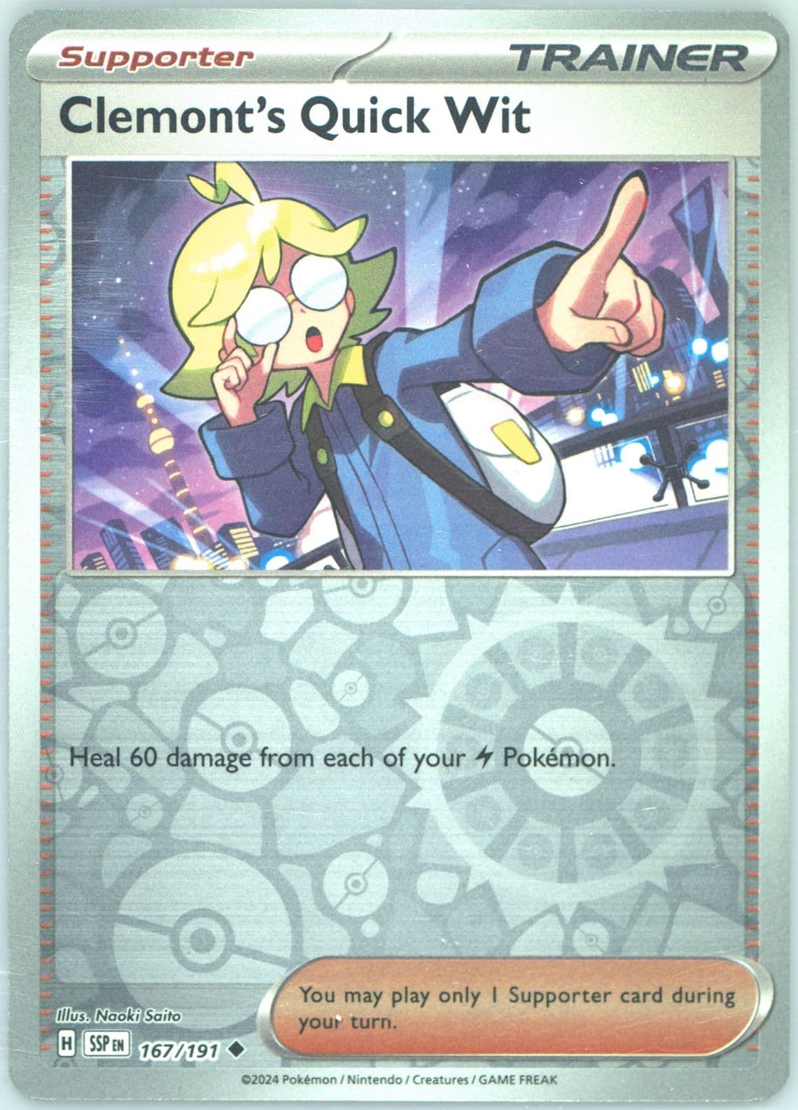 Clemont's Quick Wit Reverse Holo (167) 2024 Pokemon Ssp EN-Surging Sparks