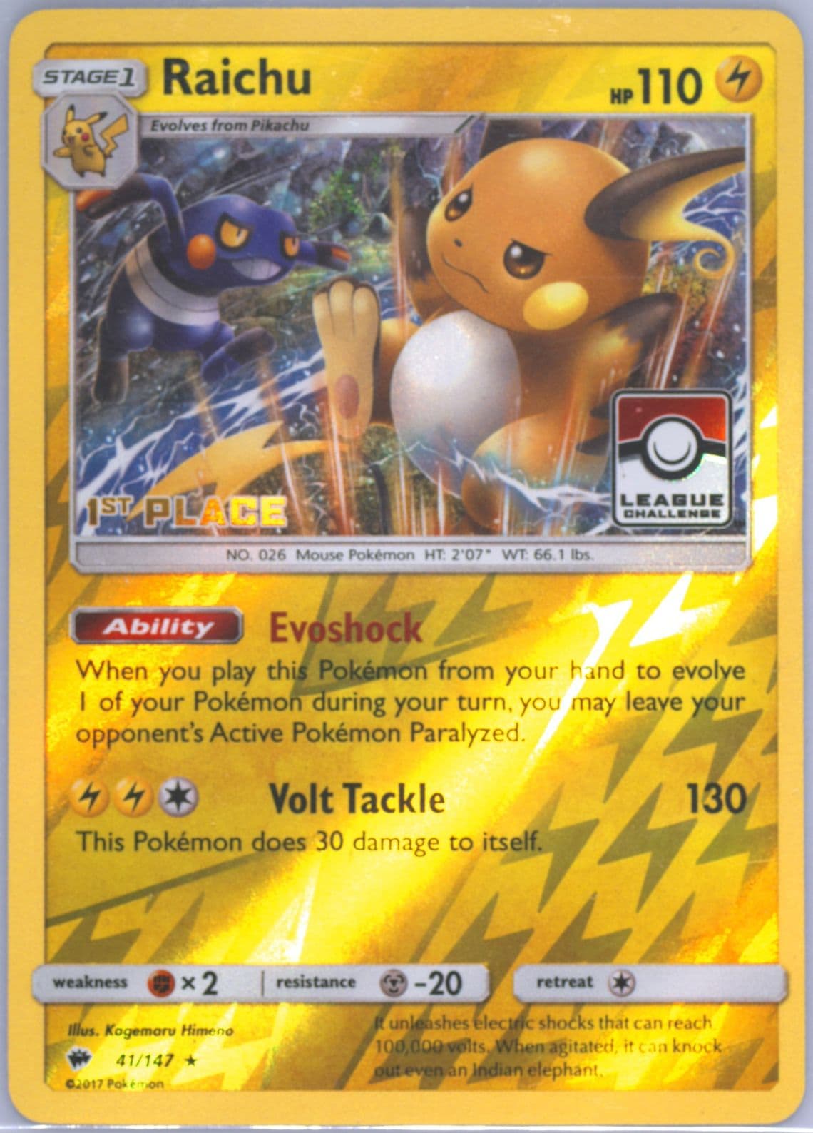 Raichu-Reverse Foil 1st Place Pokemon League (41) 2017 Pokemon Sun & Moon Burning Shadows