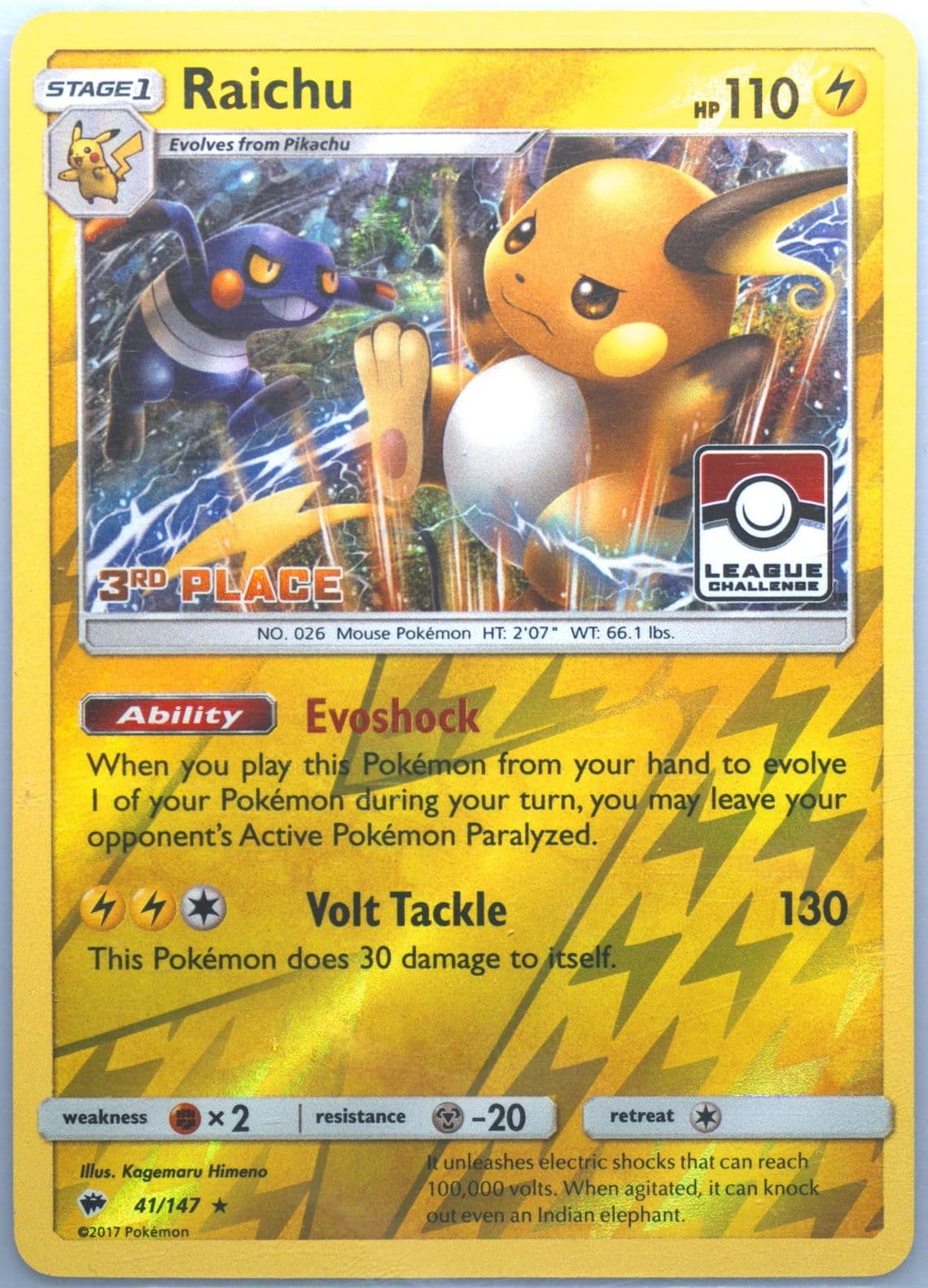 Raichu-Reverse Foil 3rd Place Pokemon League (41) 2017 Pokemon Sun & Moon Burning Shadows