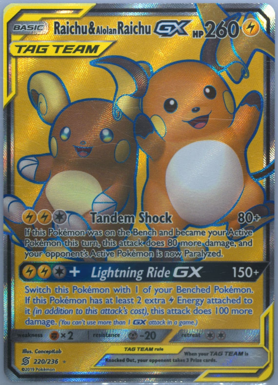 Full Art/Raichu & Alolan Raichu GX (220) 2019 Pokemon Sun & Moon Unified Minds