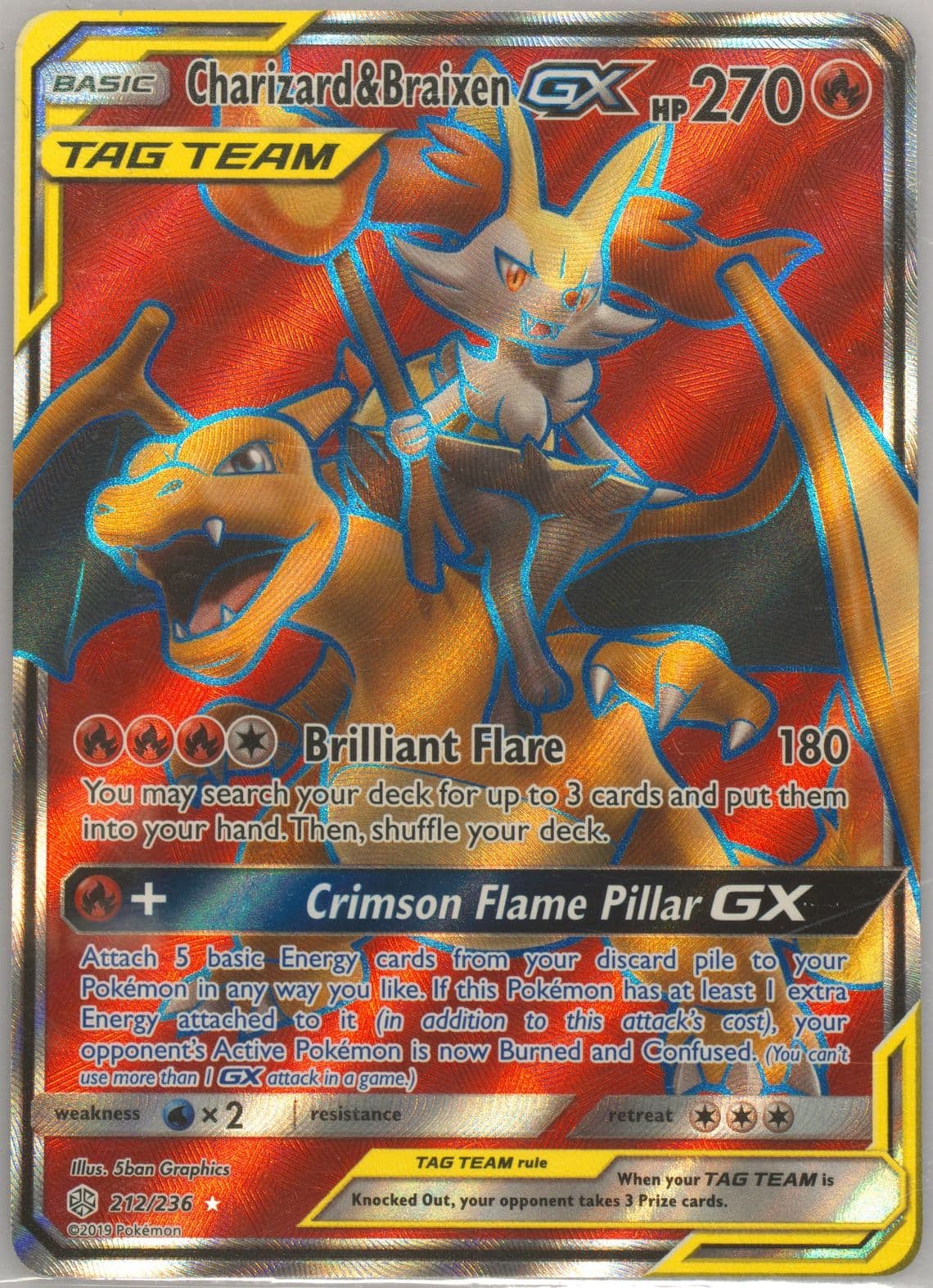 Full Art/Charizard & Braixen GX (212) 2019 Pokemon Sun & Moon Cosmic Eclipse