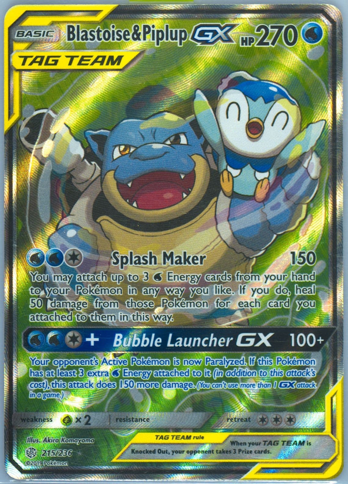 Full Art/Blastoise & Piplup GX (215) 2019 Pokemon Sun & Moon Cosmic Eclipse