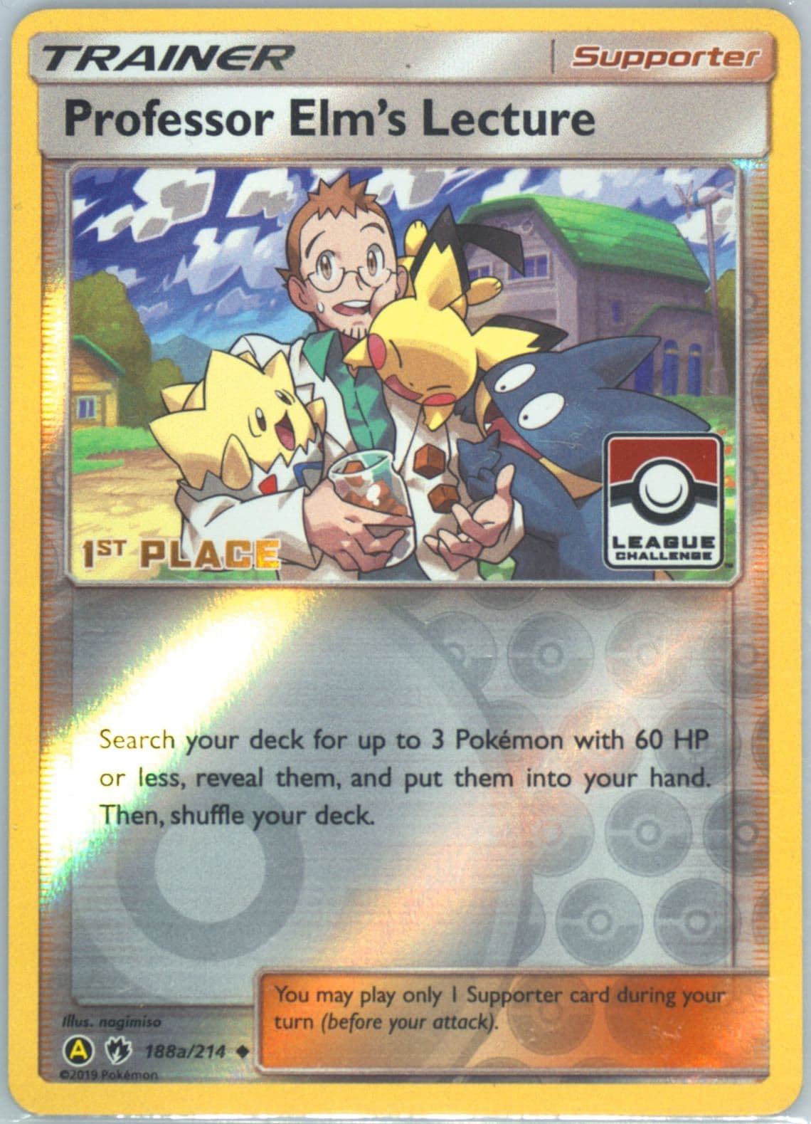 Professor Elm's Lecture-Rev.Foil Yellow A Alternate Art-1st Place-League Challenge (188a) 2018 Pokemon Sun & Moon Lost Thunder
