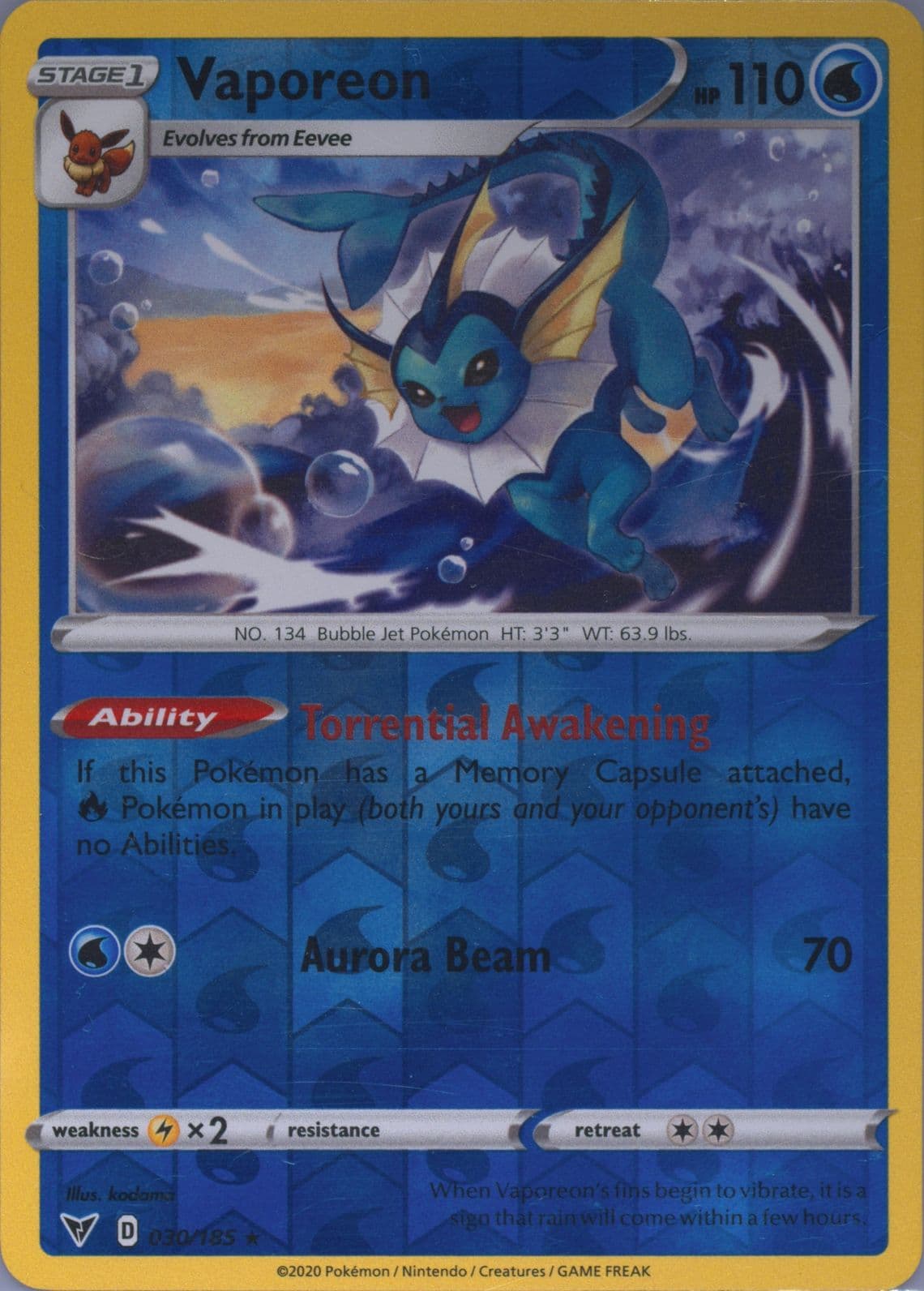 Vaporeon-Reverse Foil (030) 2020 Pokemon Sword & Shield Vivid Voltage