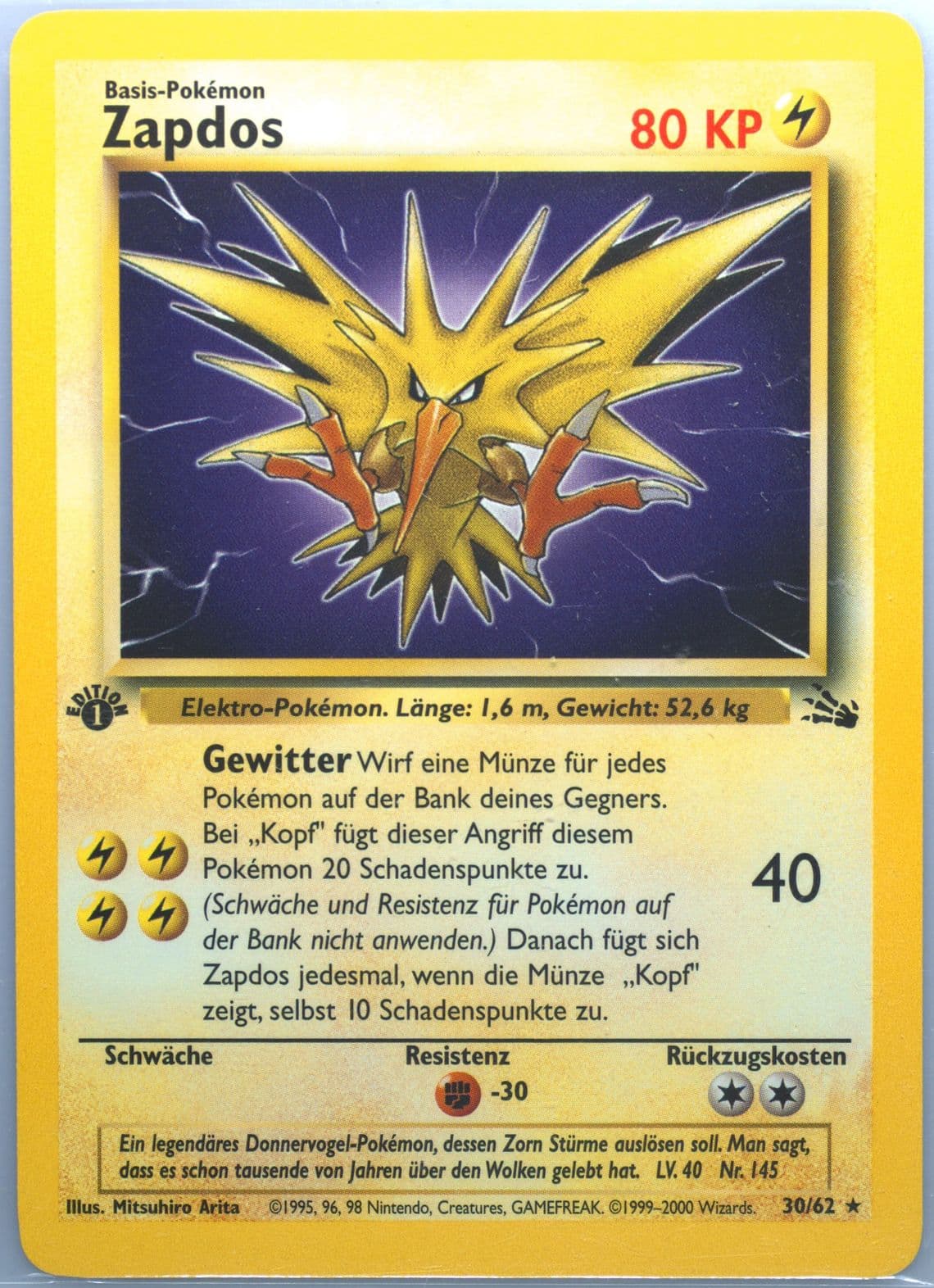 Zapdos 1st Edition (30) 2000 Pokemon German Fossil
