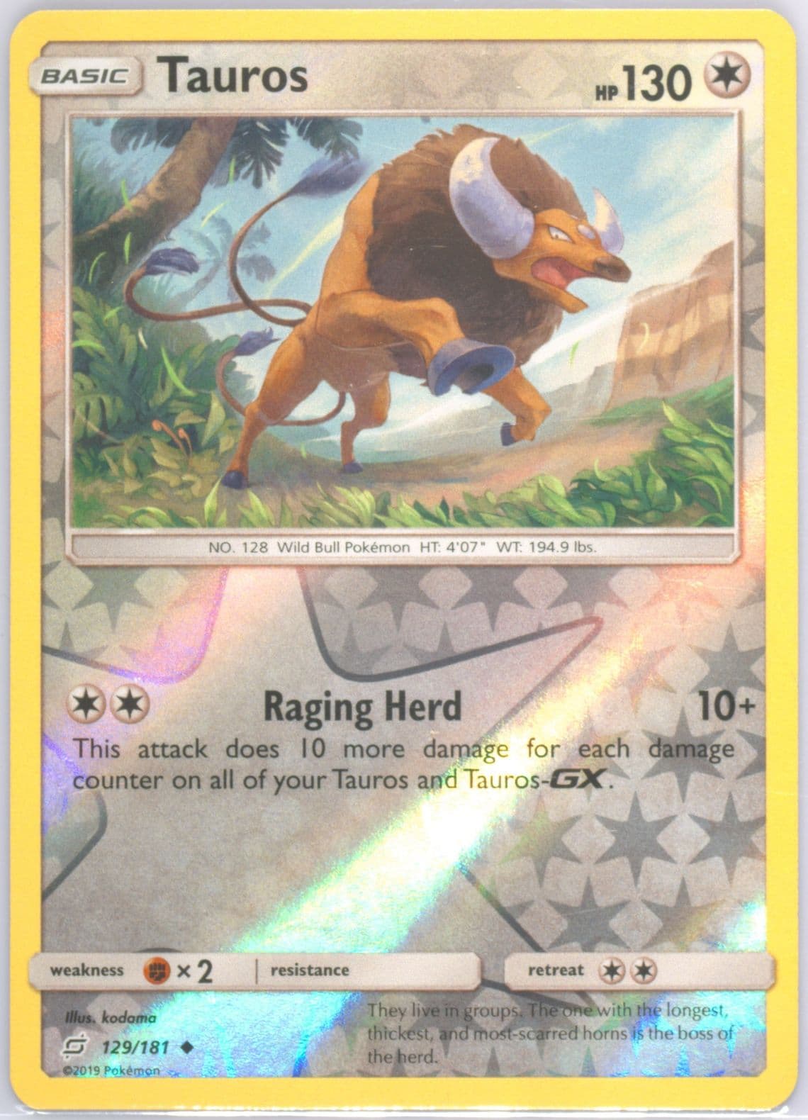 Tauros-Reverse Foil (129) 2019 Pokemon Sun & Moon Team Up