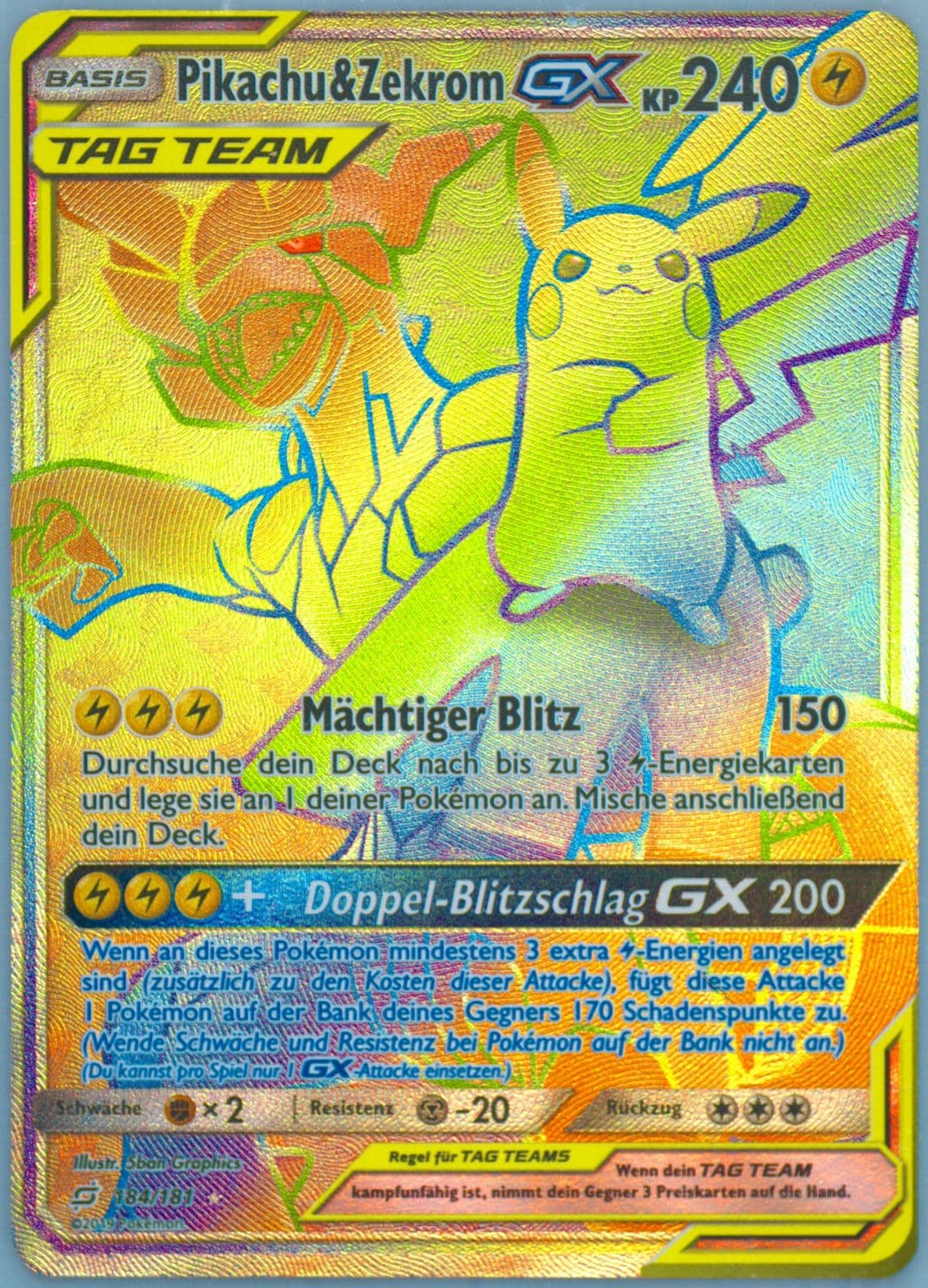 Full Art/Pikachu & Zekrom GX German-Secret (184) 2019 Pokemon Sun & Moon Team Up
