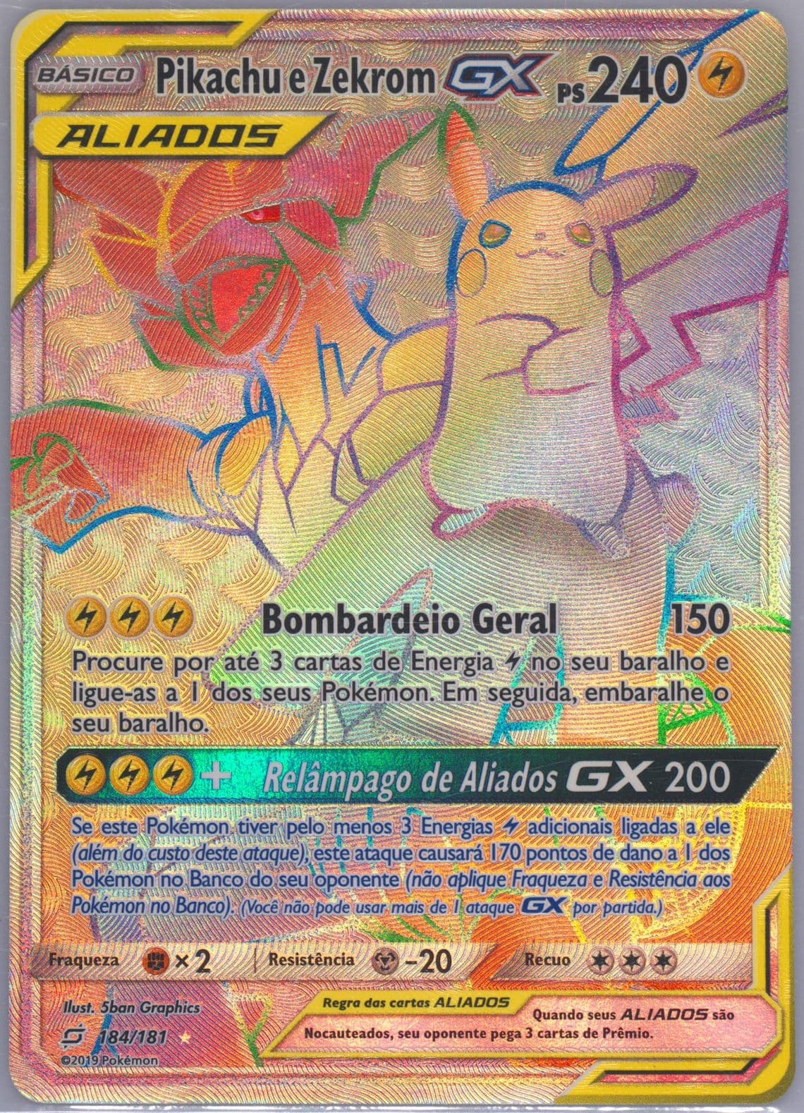 Full Art/Pikachu E Zekrom GX Portuguese-Secret (184) 2019 Pokemon Sun & Moon Team Up