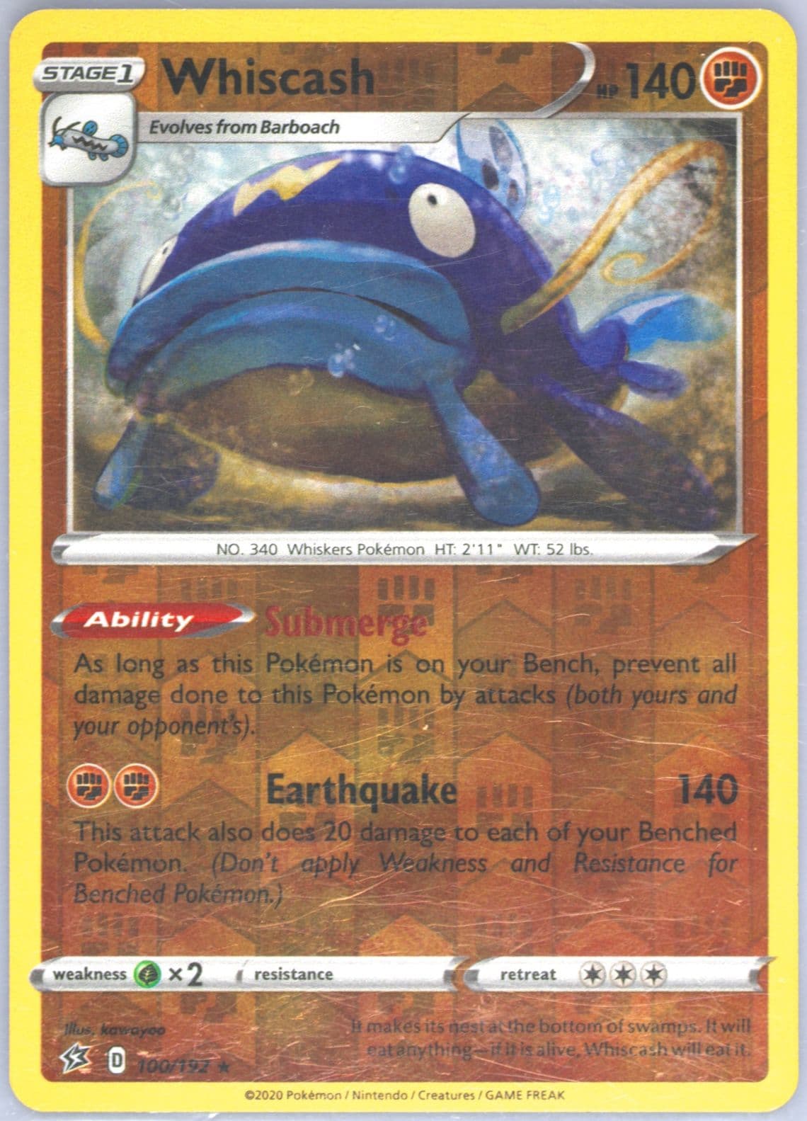 Whiscash-Reverse Foil (100) 2020 Pokemon Sword & Shield Rebel Clash