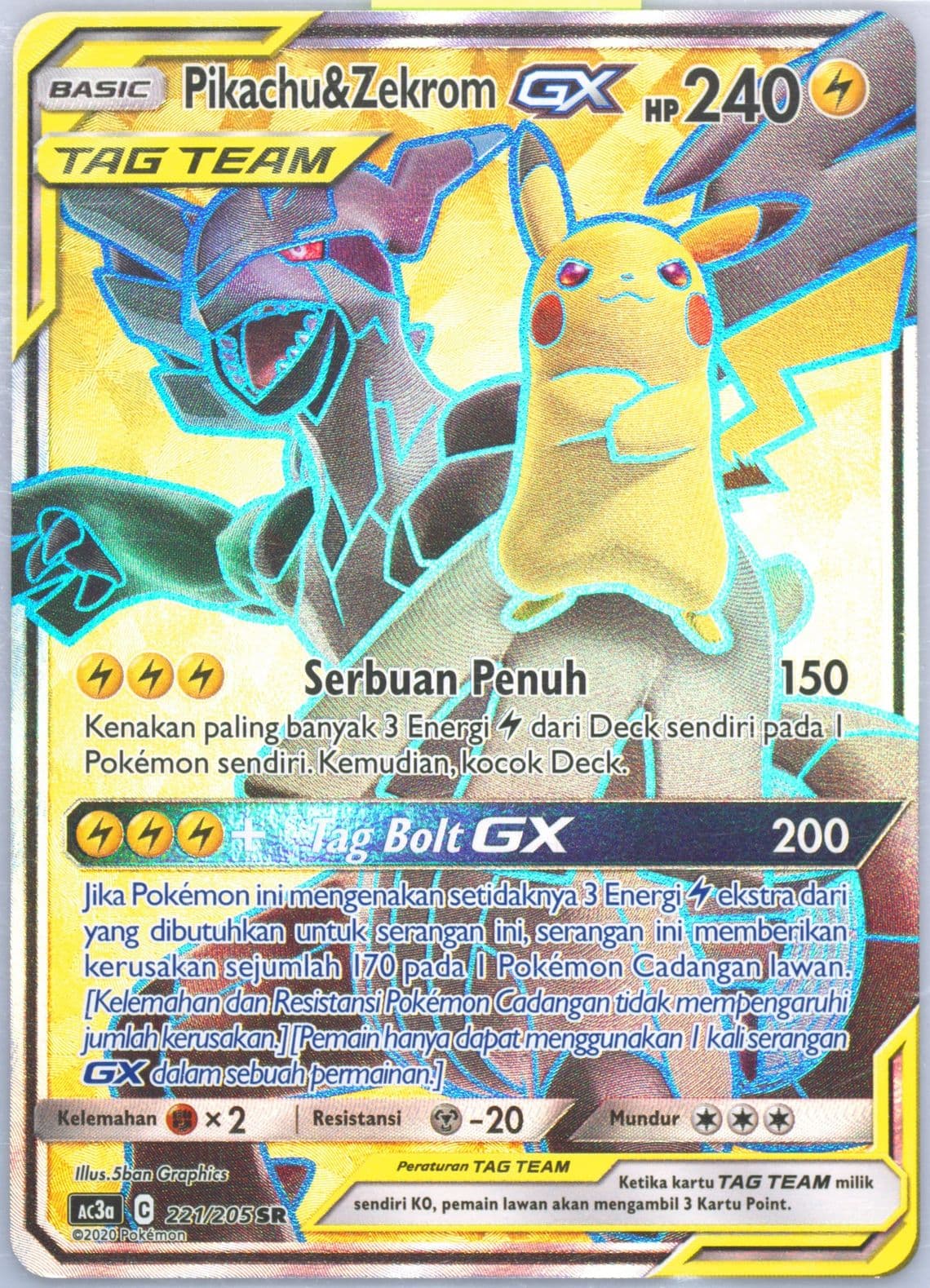 Full Art/Pikachu & Zekrom GX Set A (221) 2020 Pokemon Indonesian Sun & Moon Tag Team Collection