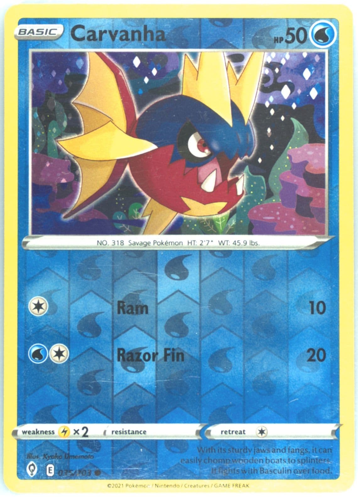 Carvanha-Reverse Foil (035) 2021 Pokemon Sword & Shield Evolving Skies