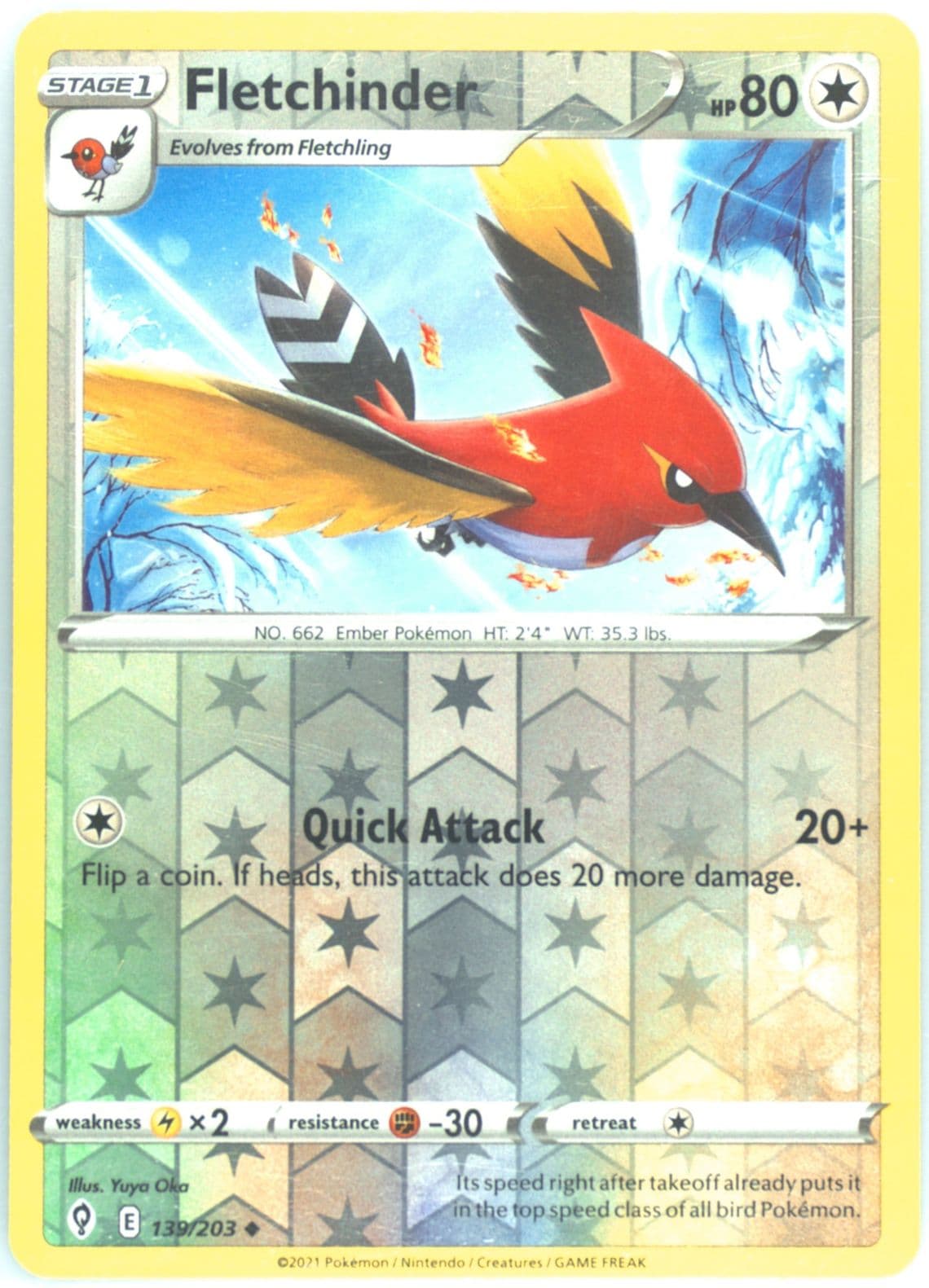 Fletchinder-Reverse Foil (139) 2021 Pokemon Sword & Shield Evolving Skies