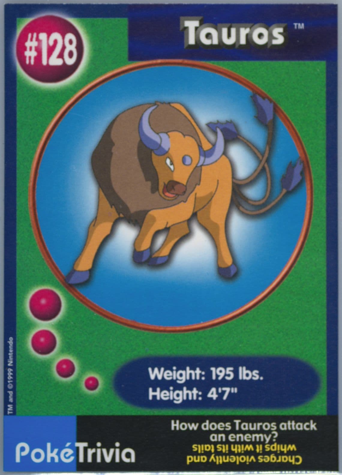 Tauros (128) 1999 Pokemon Burger King