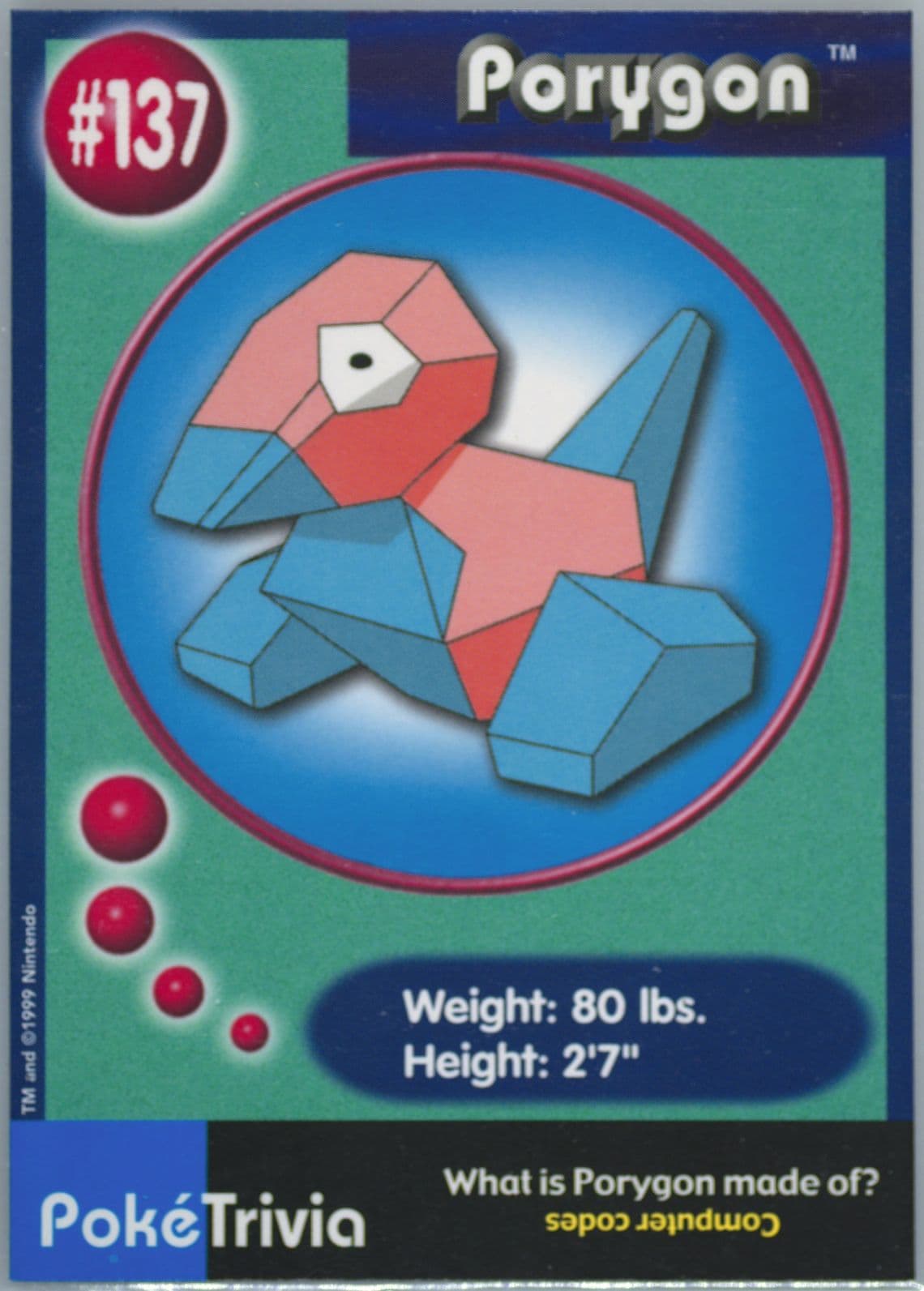Porygon (137) 1999 Pokemon Burger King