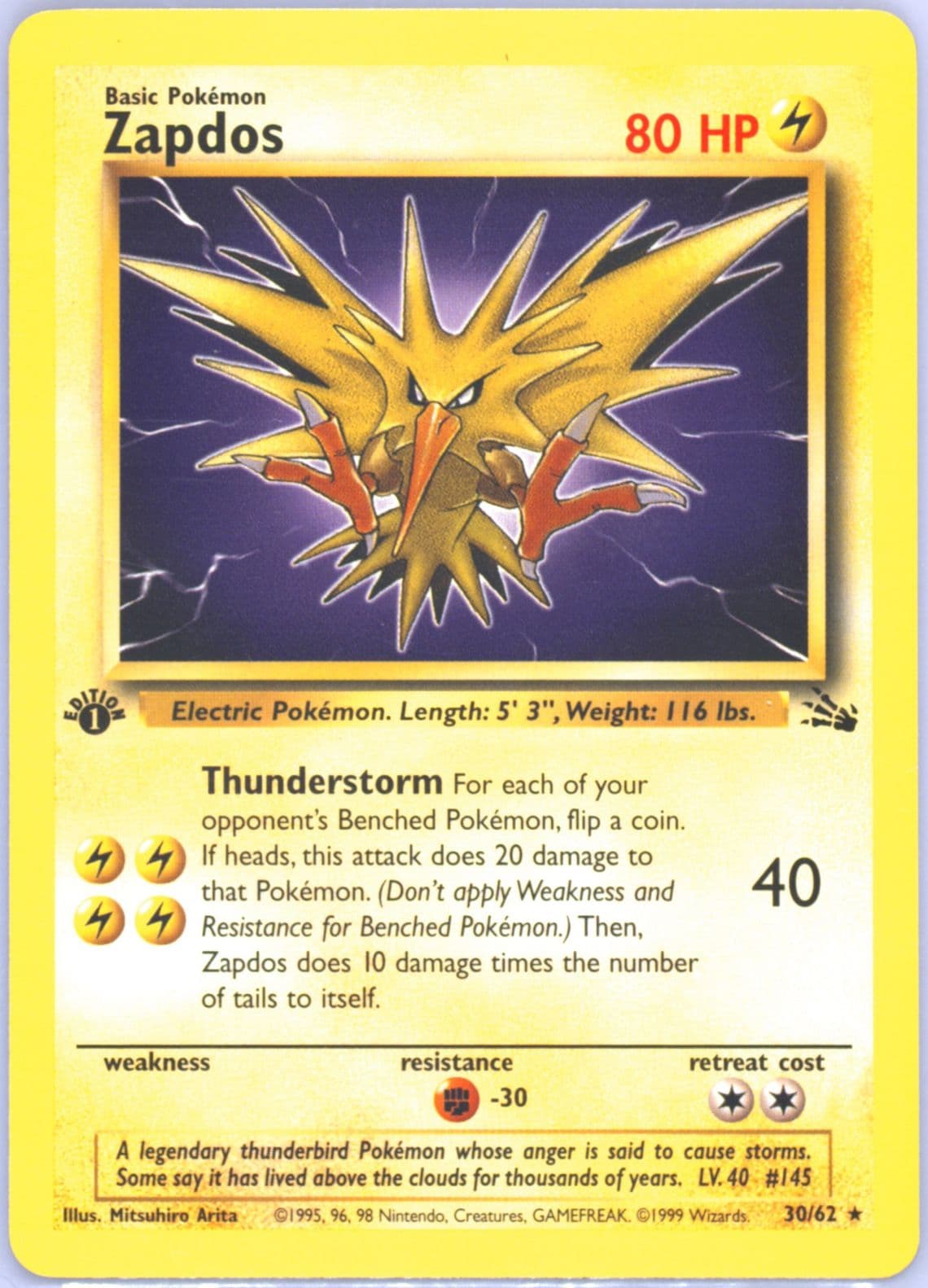 Zapdos 1st Edition (30) 1999 Pokemon Fossil