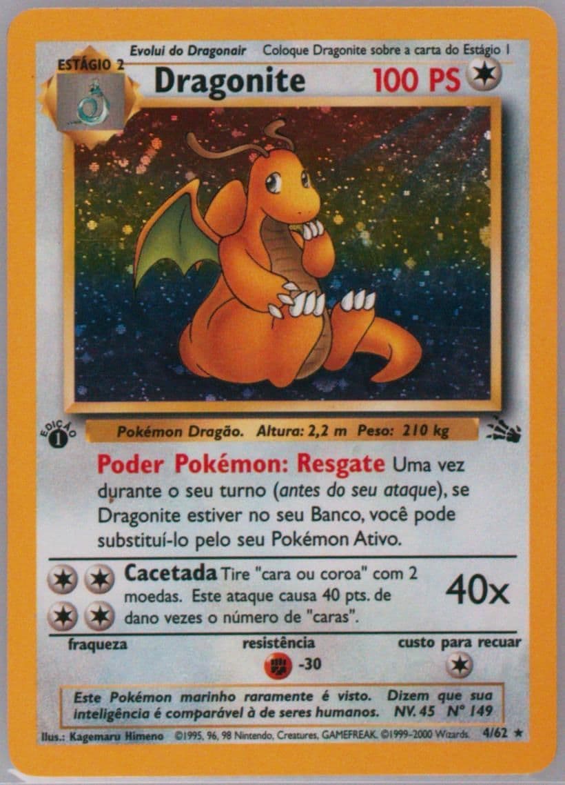 Dragonite-Holo 1st Edition (4) 2000 Pokemon Portuguese Fossil