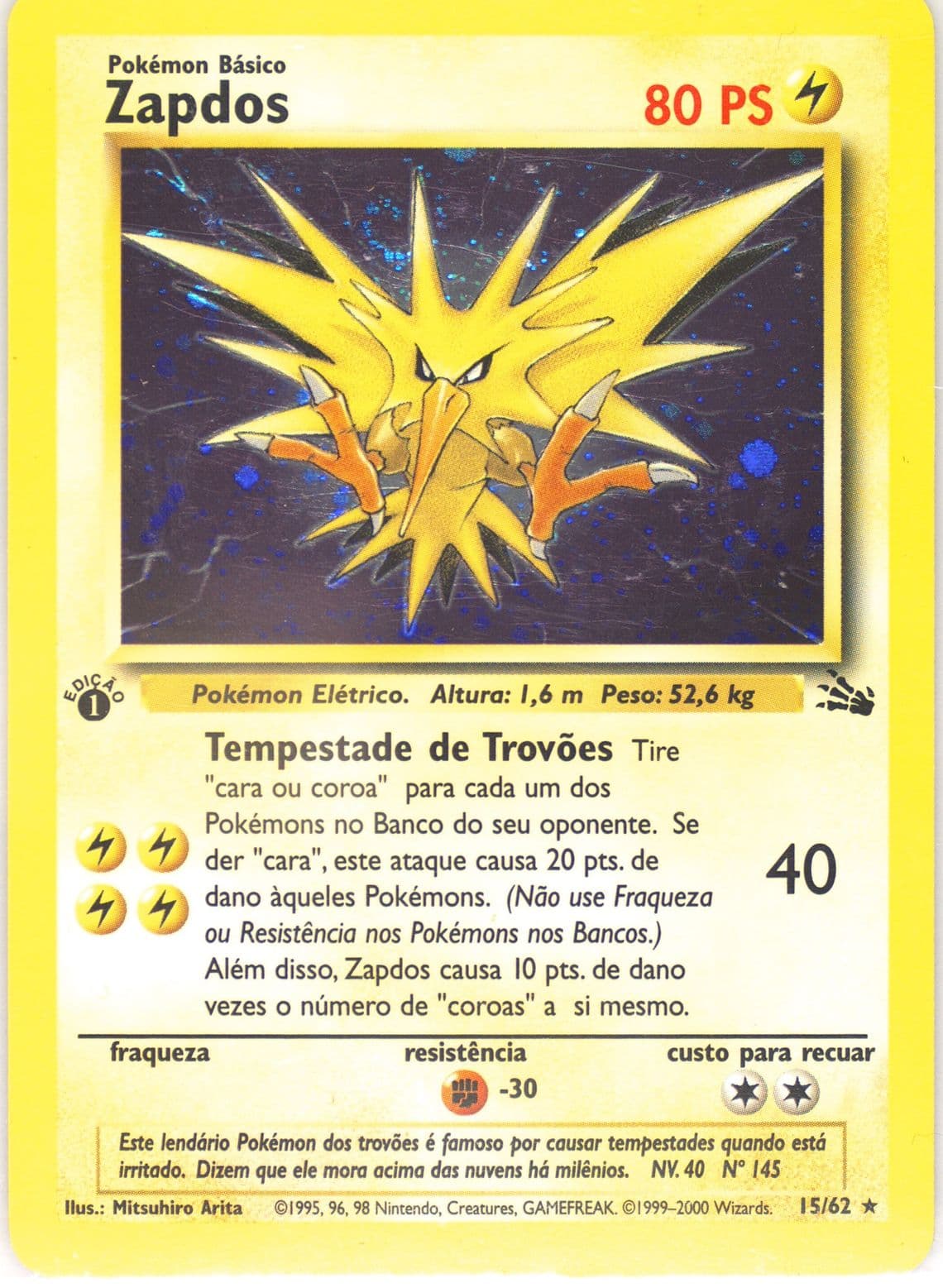 Zapdos-Holo 1st Edition (15) 2000 Pokemon Portuguese Fossil