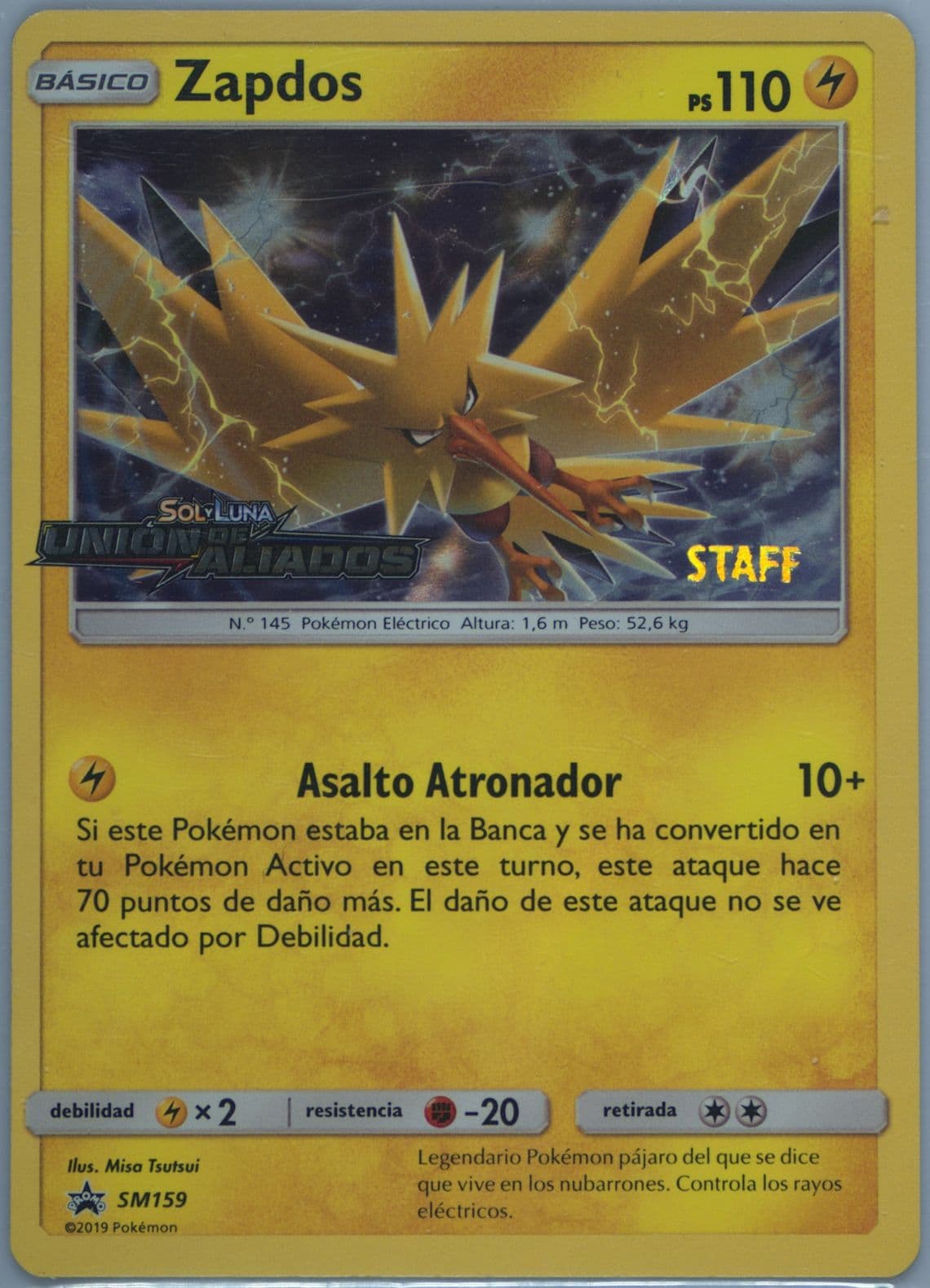 Zapdos-Holo Team Up Prerelease-Staff-Spanish (SM159) 2019 Pokemon SM Black Star Promo