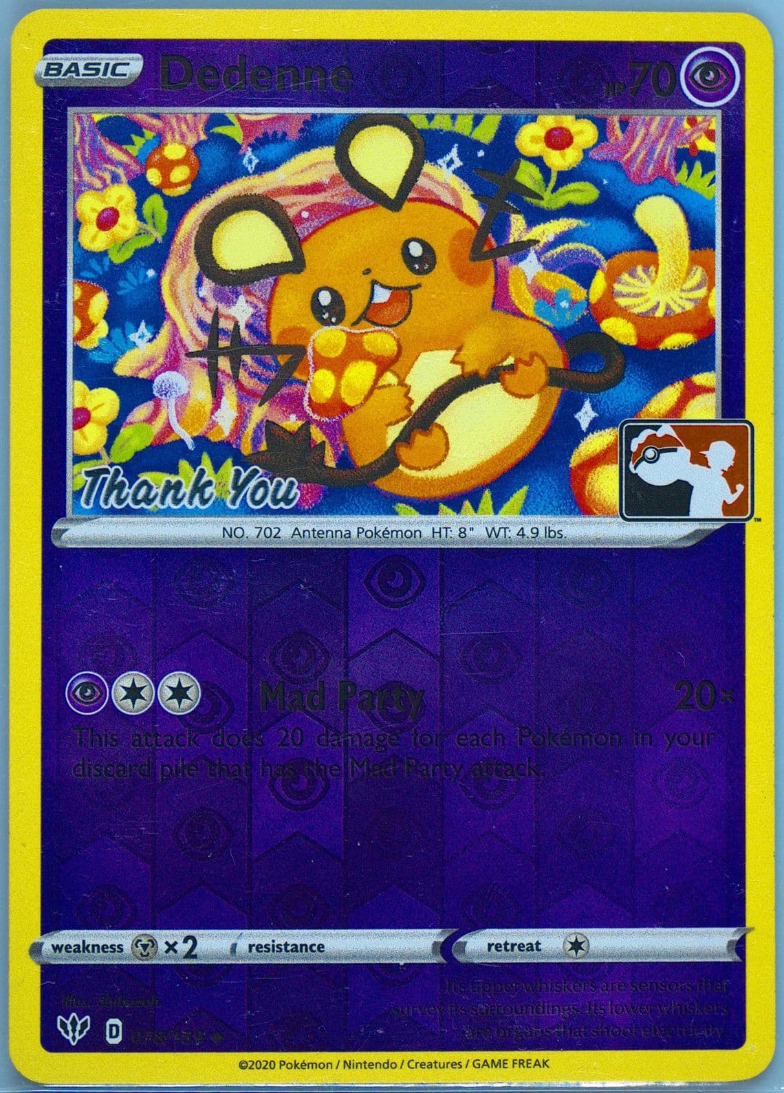 Dedenne-Reverse Foil Thank You Stamp (078) 2020 Pokemon Sword & Shield Darkness Ablaze
