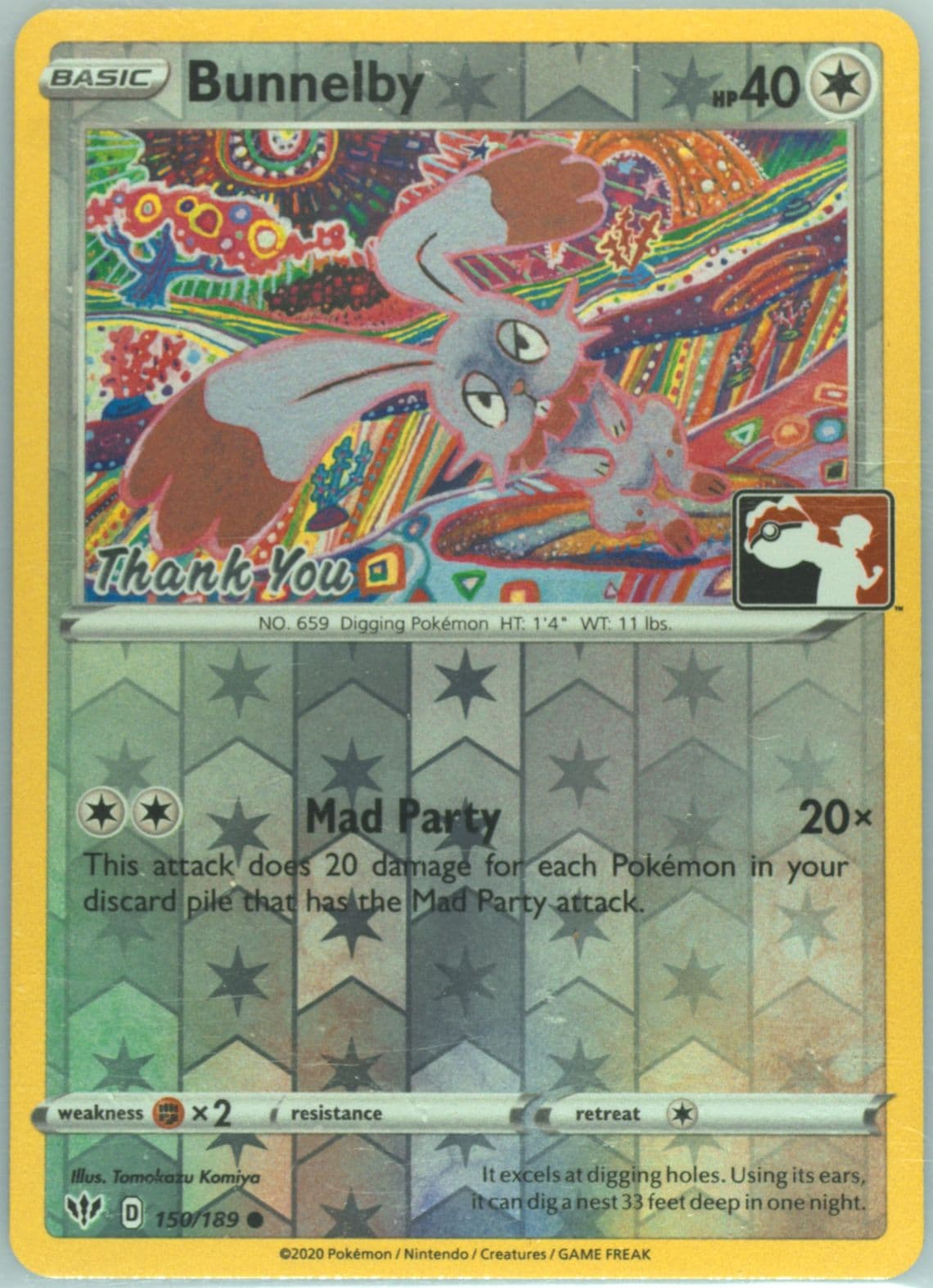 Bunnelby-Reverse Foil Thank You Stamp (150) 2020 Pokemon Sword & Shield Darkness Ablaze