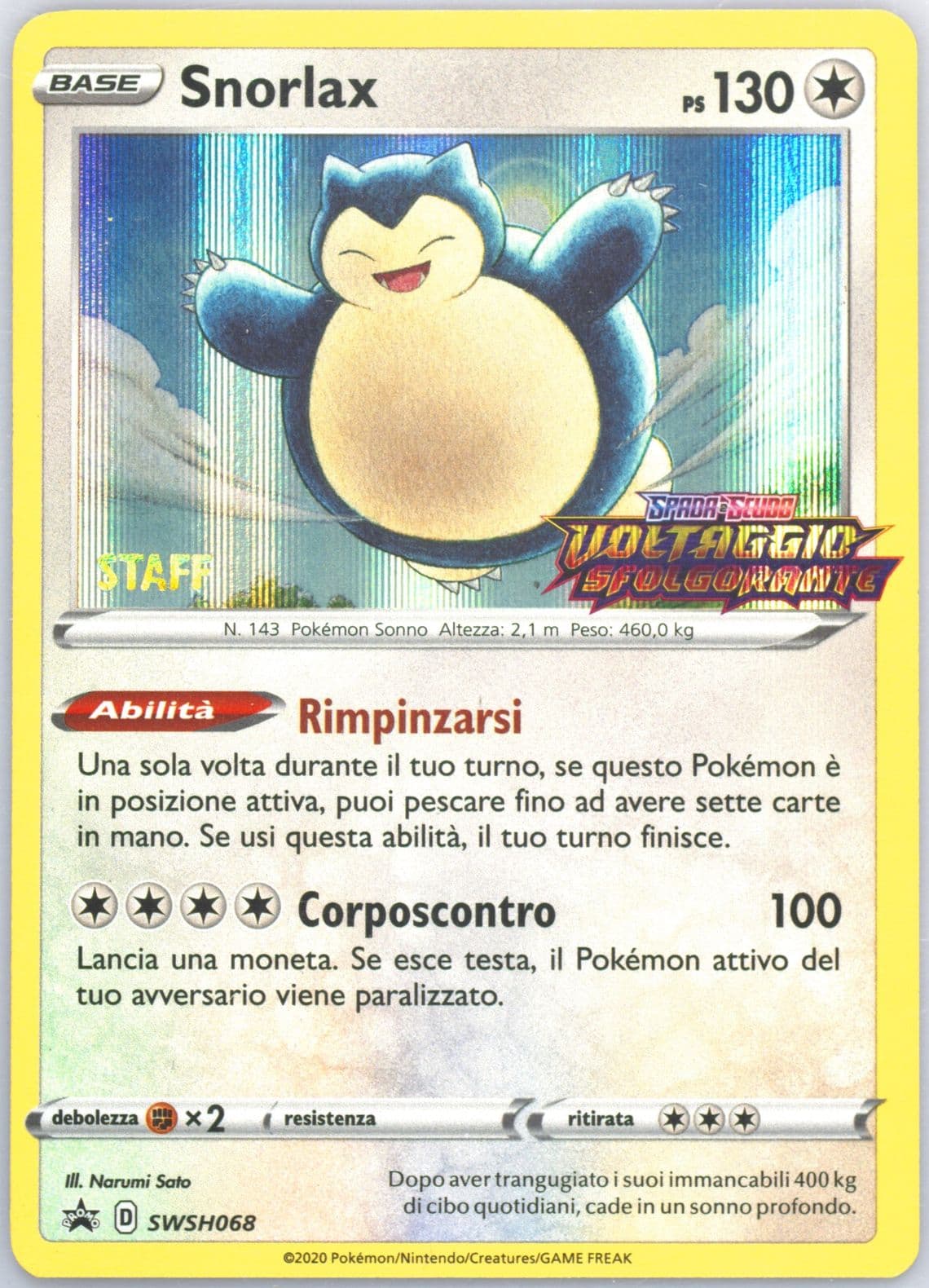 Snorlax-Holo Prerelease-Staff-Italian (068) 2020 Pokemon Swsh Black Star Promo