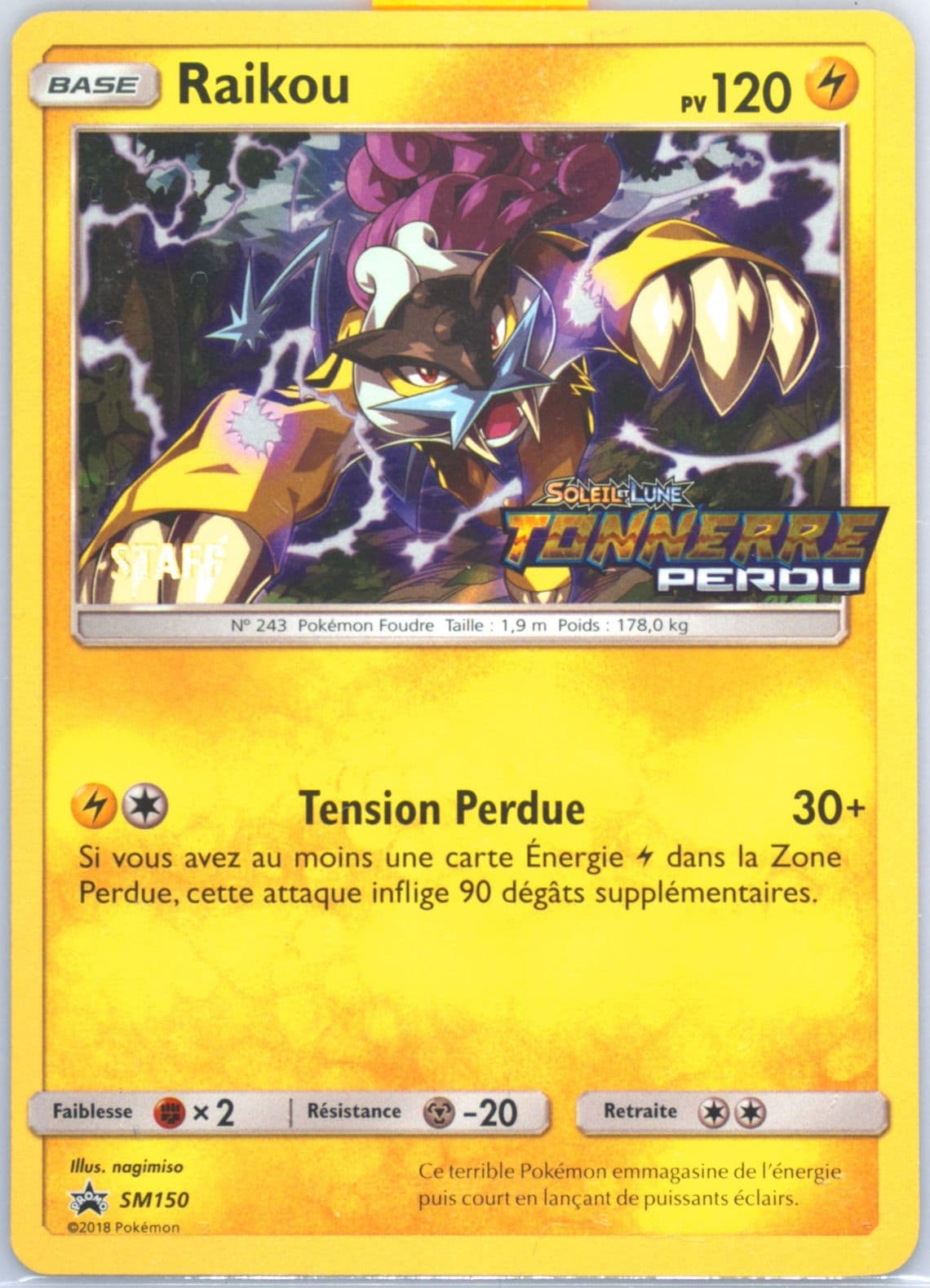 Raikou-Holo Lost Thunder Prerelease-French-Staff (SM150) 2018 Pokemon SM Black Star Promo