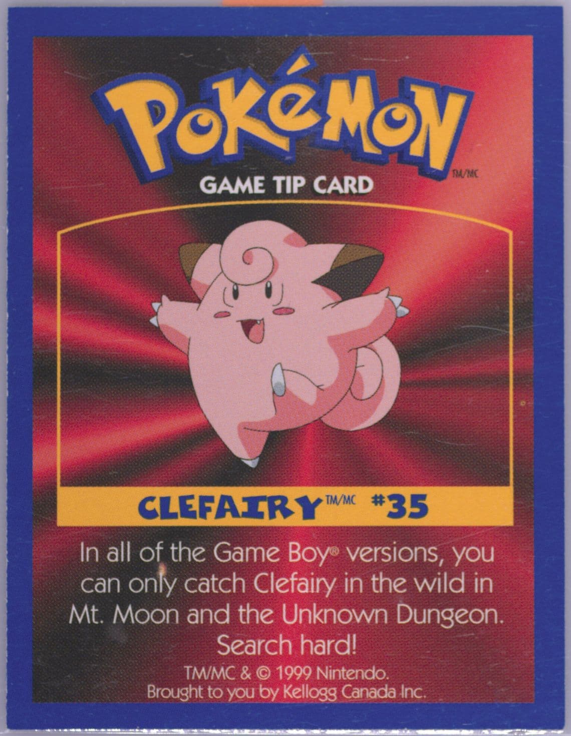 Clefairy 1999 Kellogg's Pokemon Game Tips
