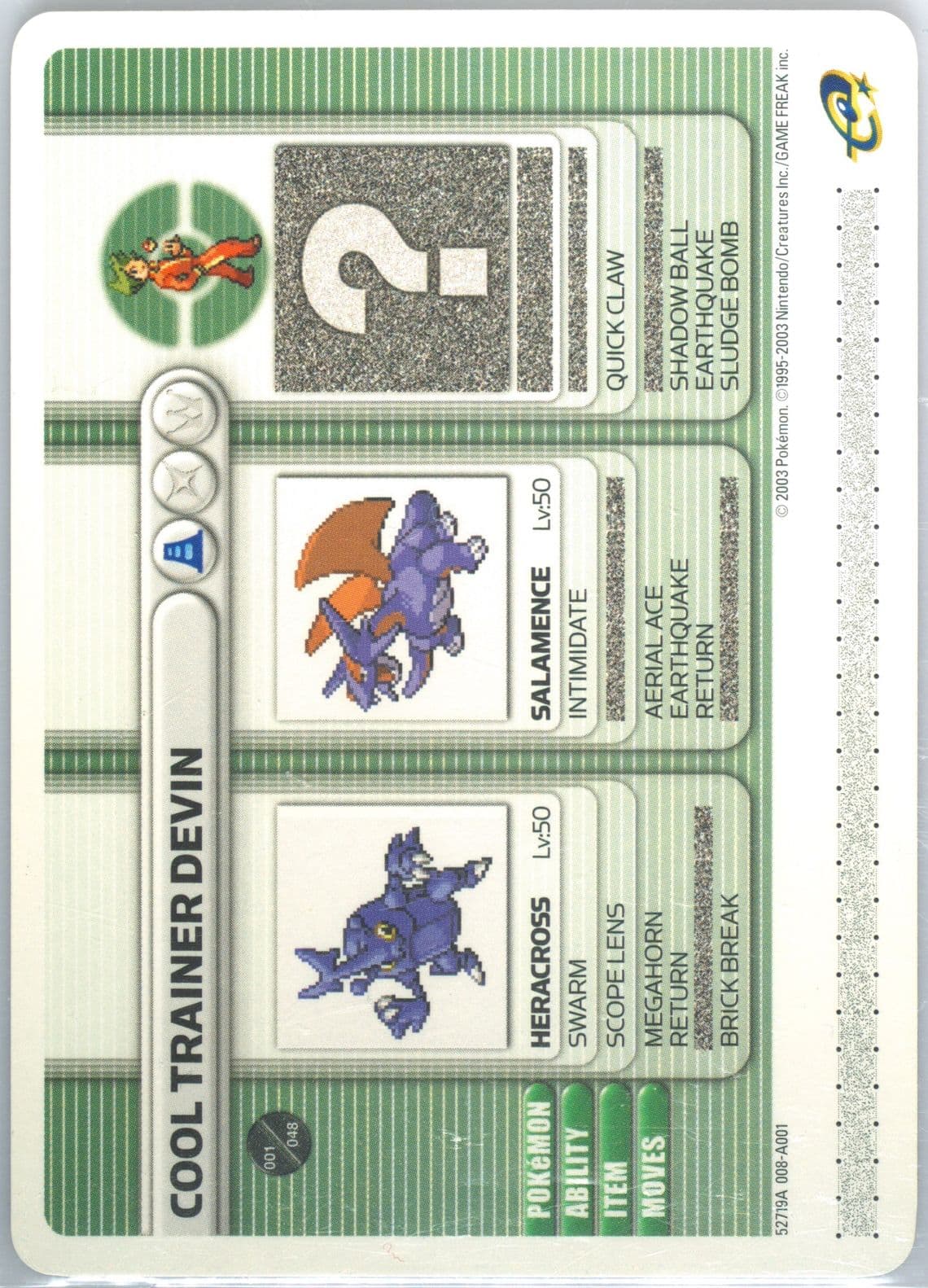 Cool Trainer Devin Freezing Ray (A001) 2003 Pokemon Battle-E Series 1