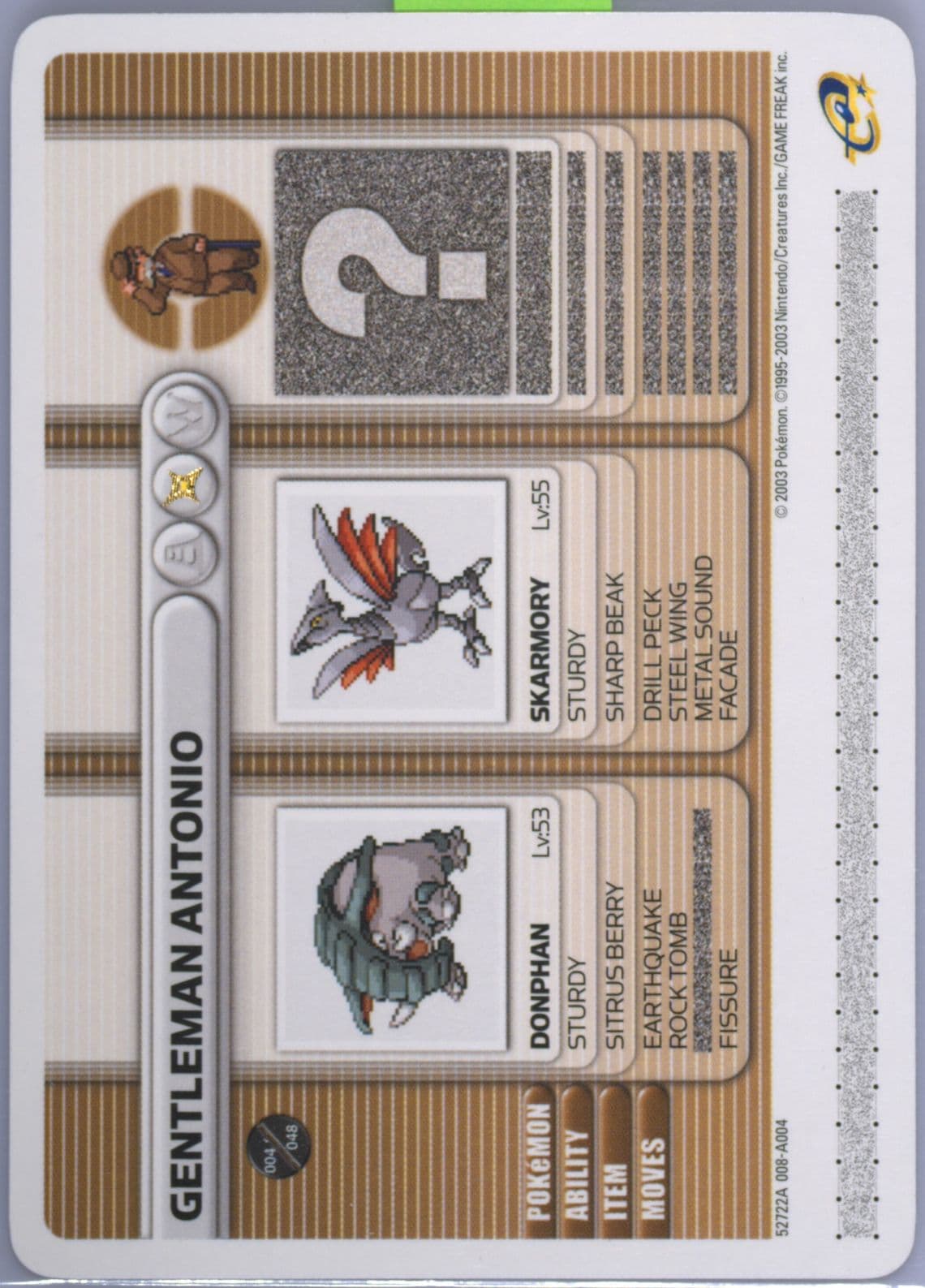 Gentleman Antonio Freezing Ray (A004) 2003 Pokemon Battle-E Series 1