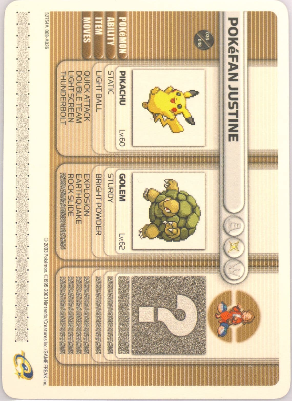 Pokefan Justine Cordial Bond (A036) 2003 Pokemon Battle-E Series 1