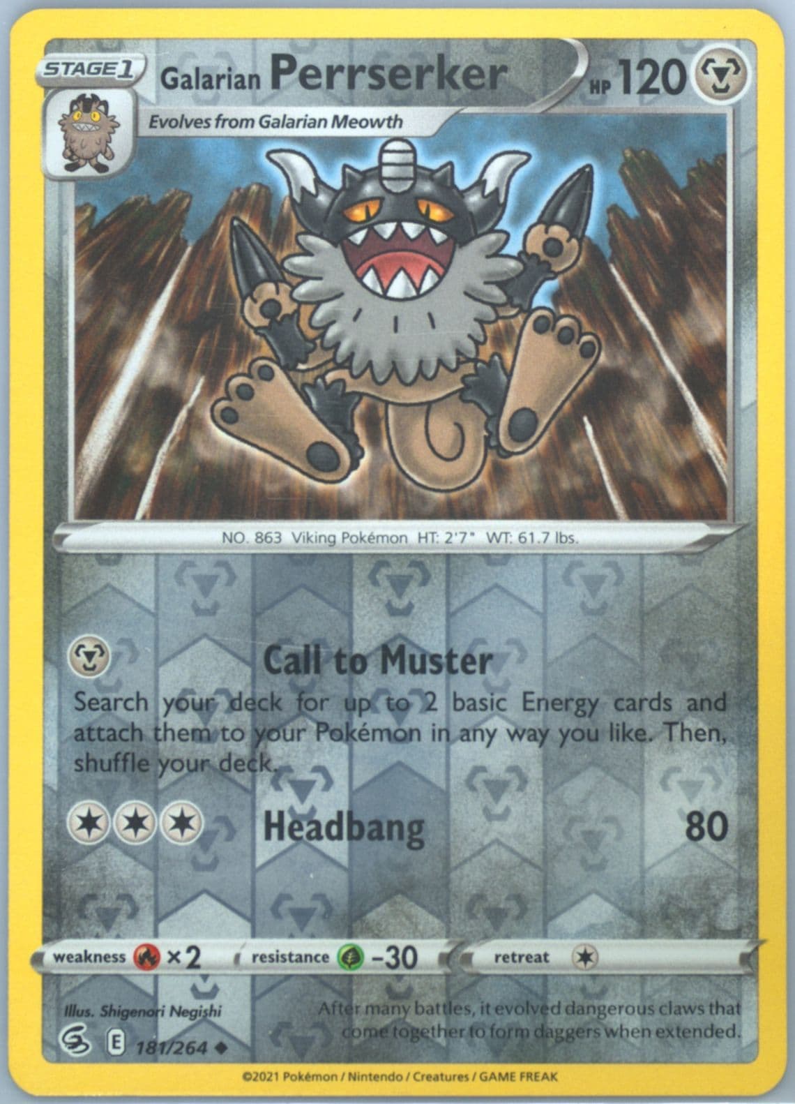 Galarian Perrserker-Reverse Foil (181) 2021 Pokemon Sword & Shield Fusion Strike