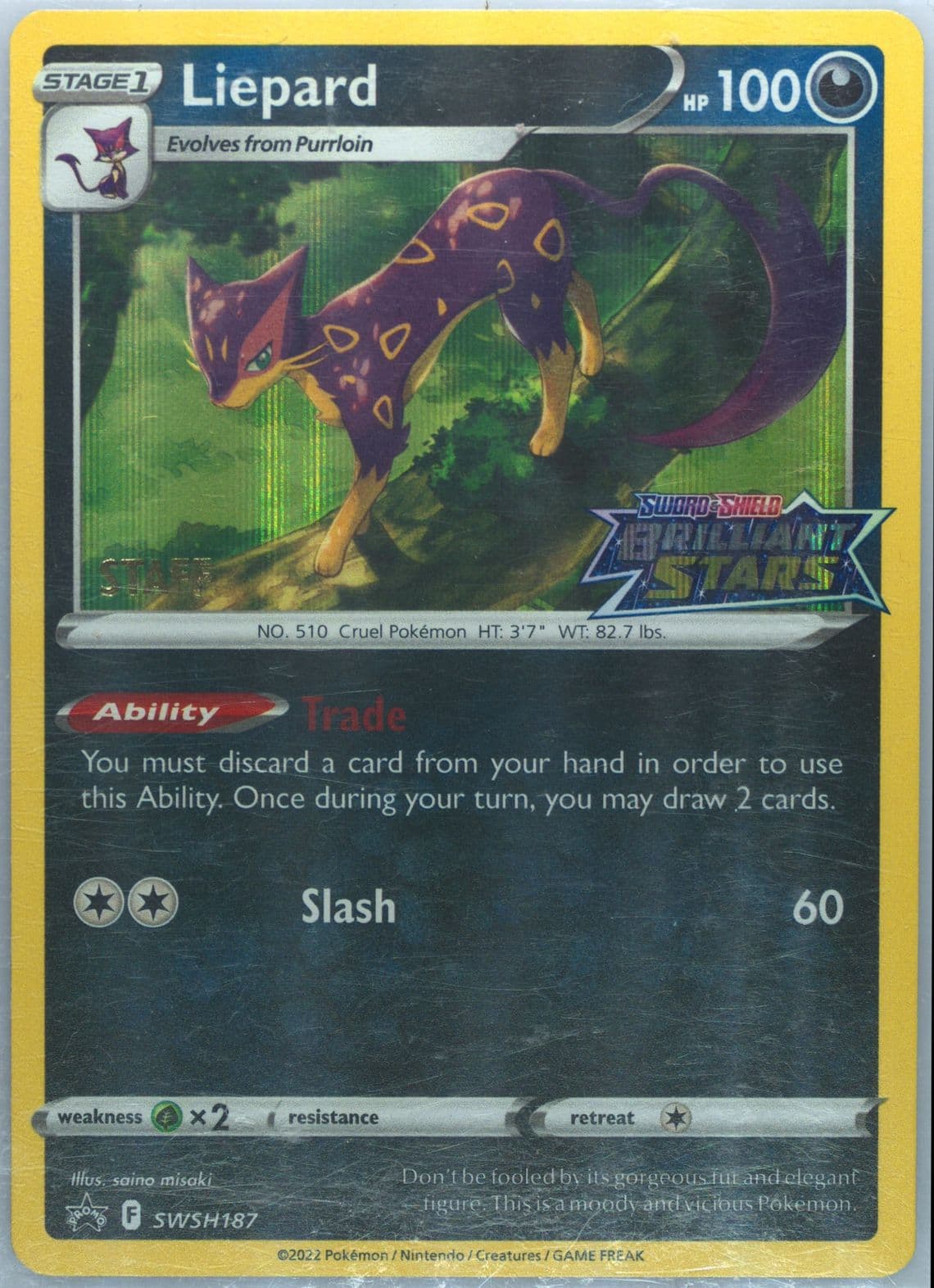 Liepard-Holo Prerelease-Staff (187) 2023 Pokemon Swsh Black Star Promo