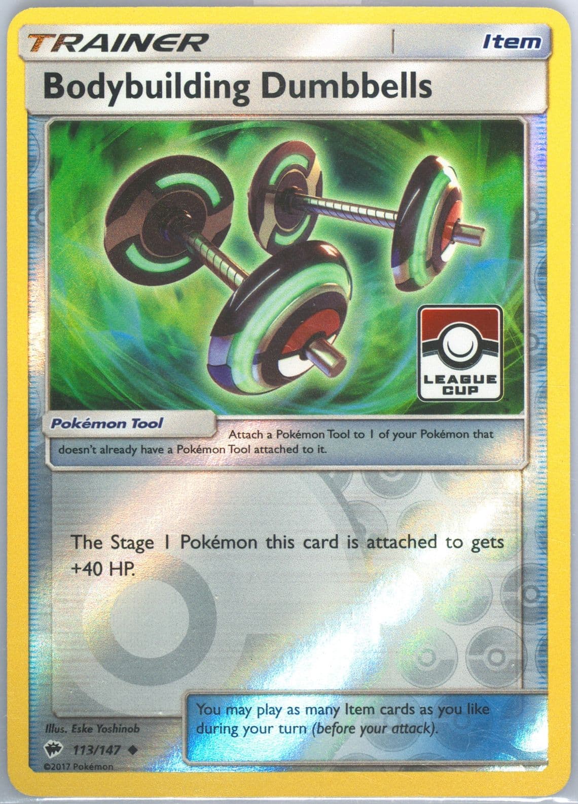 Bodybuilding Dumbbells-Reverse Foil League Cup (113) 2017 Pokemon Sun & Moon Burning Shadows