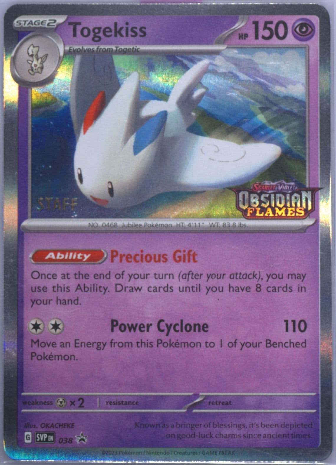 Togekiss Obsidian Flames Prerelease-Staff (038) 2023 Pokemon Svp EN-SV Black Star Promo