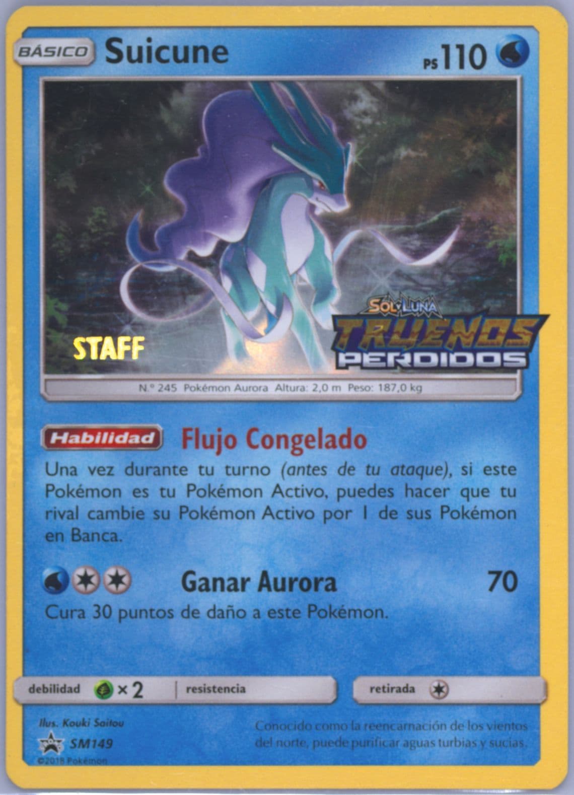 Suicune-Holo Lost Thunder Prerelease-Spanish-Staff (SM149) 2018 Pokemon SM Black Star Promo